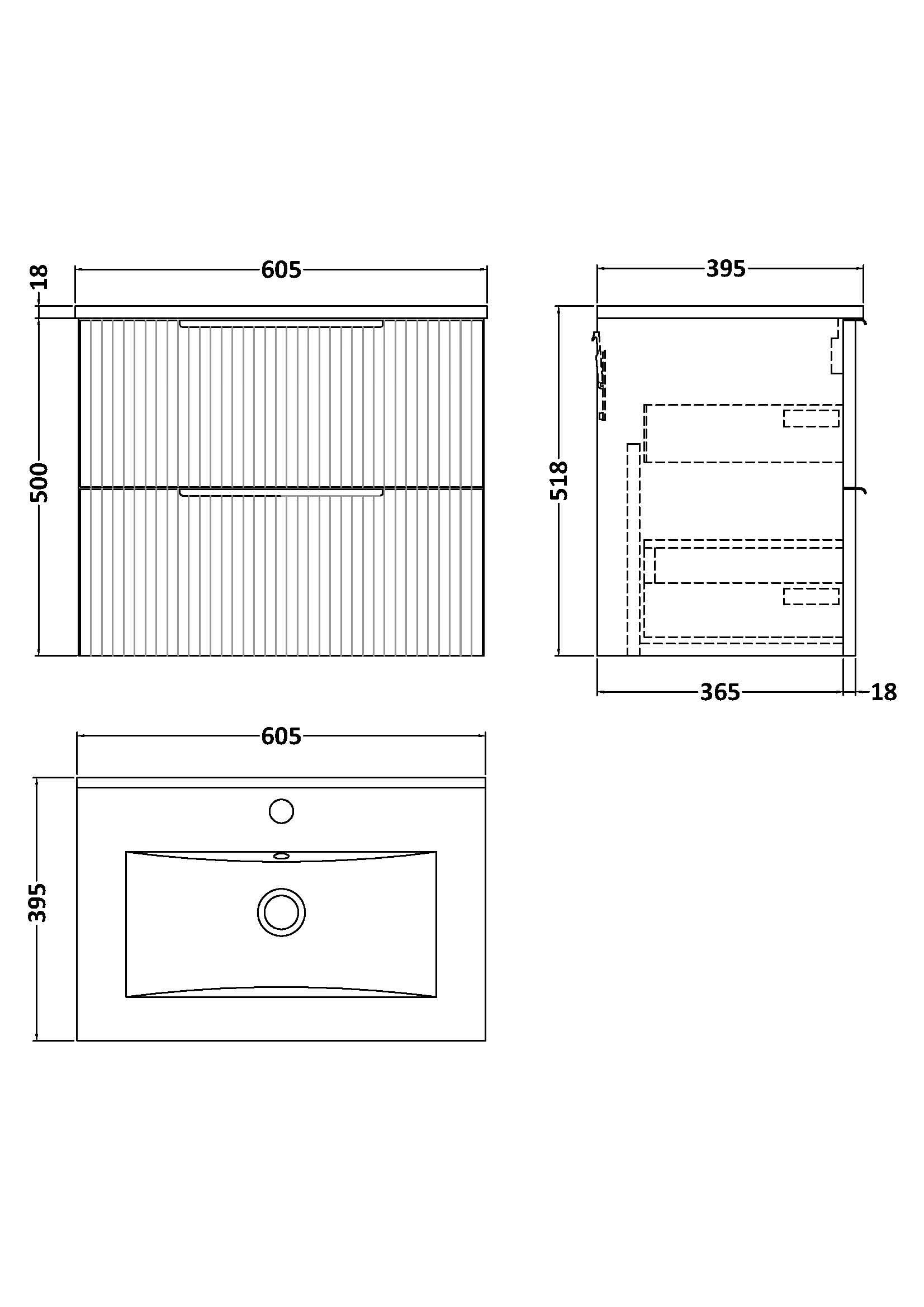 Hudson Reed Fluted Wall Hung 2-Drawer Vanity and Minimalist Basin, Contemporary Sink Vanity Unit, Soft Black, 600mm
