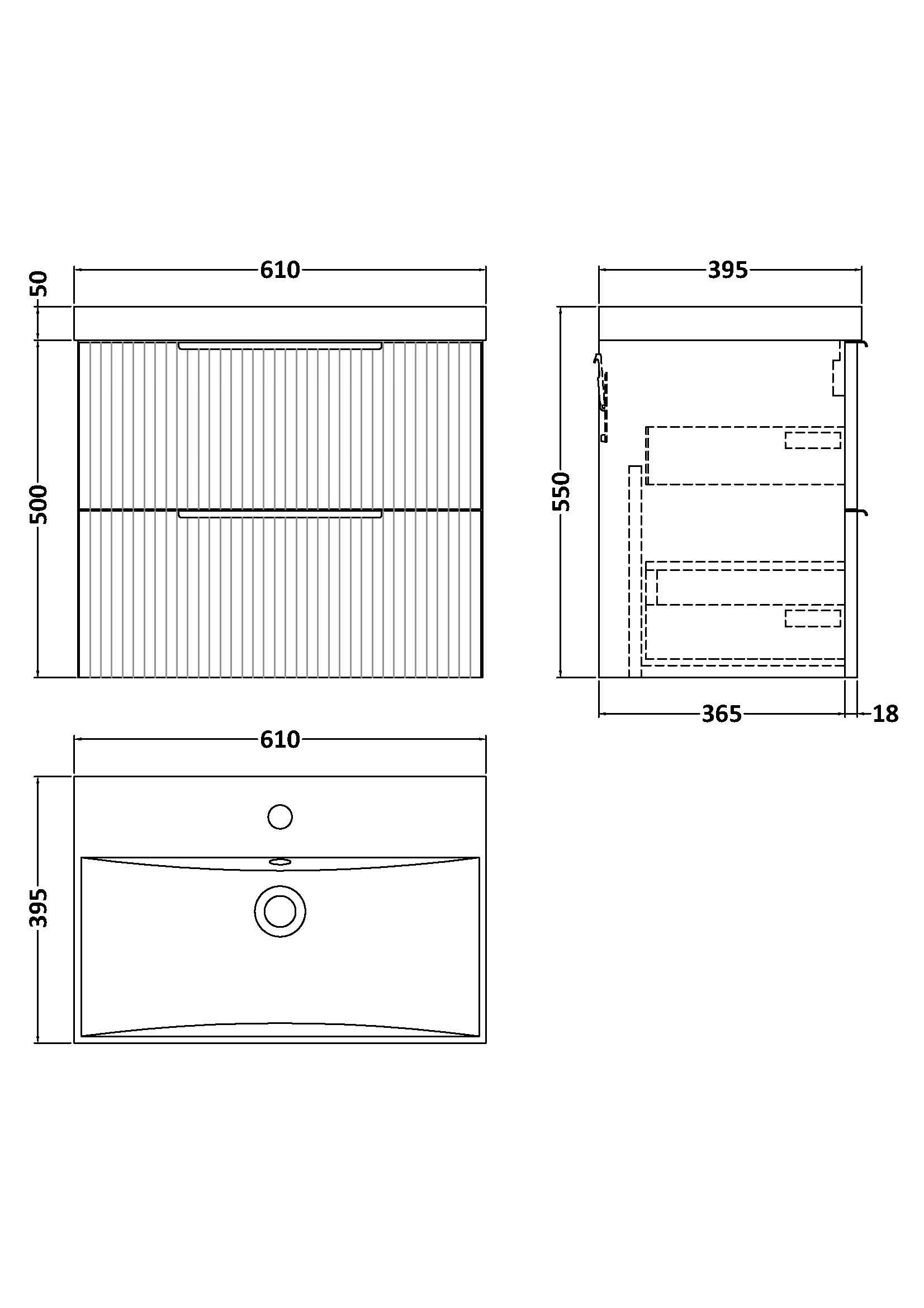 Hudson Reed Fluted Wall Hung 2-Drawer Vanity and Thin-Edge Basin, Contemporary Sink Vanity Unit, Soft Black, 600mm