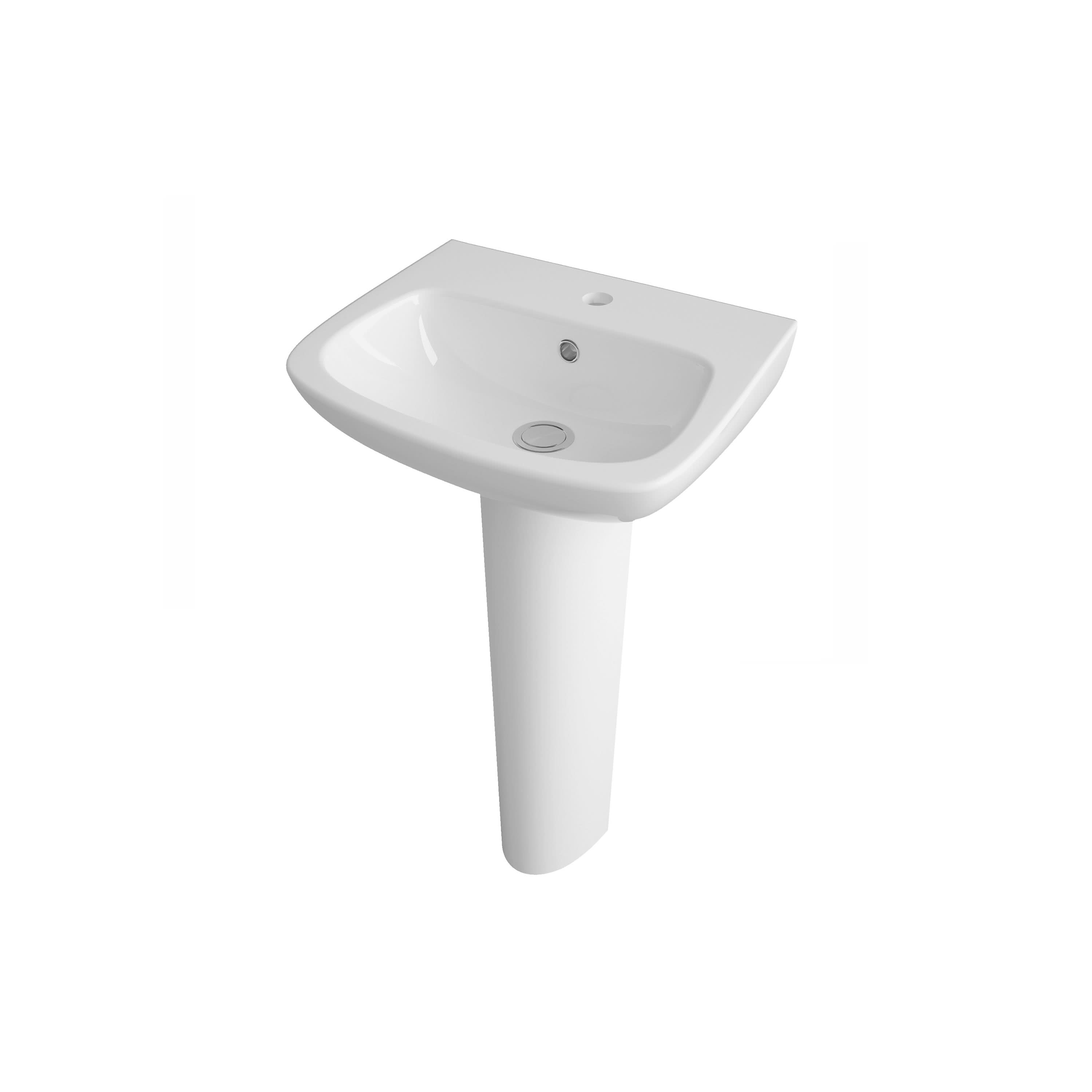 The Nuie Ambrose 450mm Basin With Full Pedestal in white features a single tap hole and overflow, offering a modern look for compact spaces. Shown against a plain white background. Brand: Nuie.