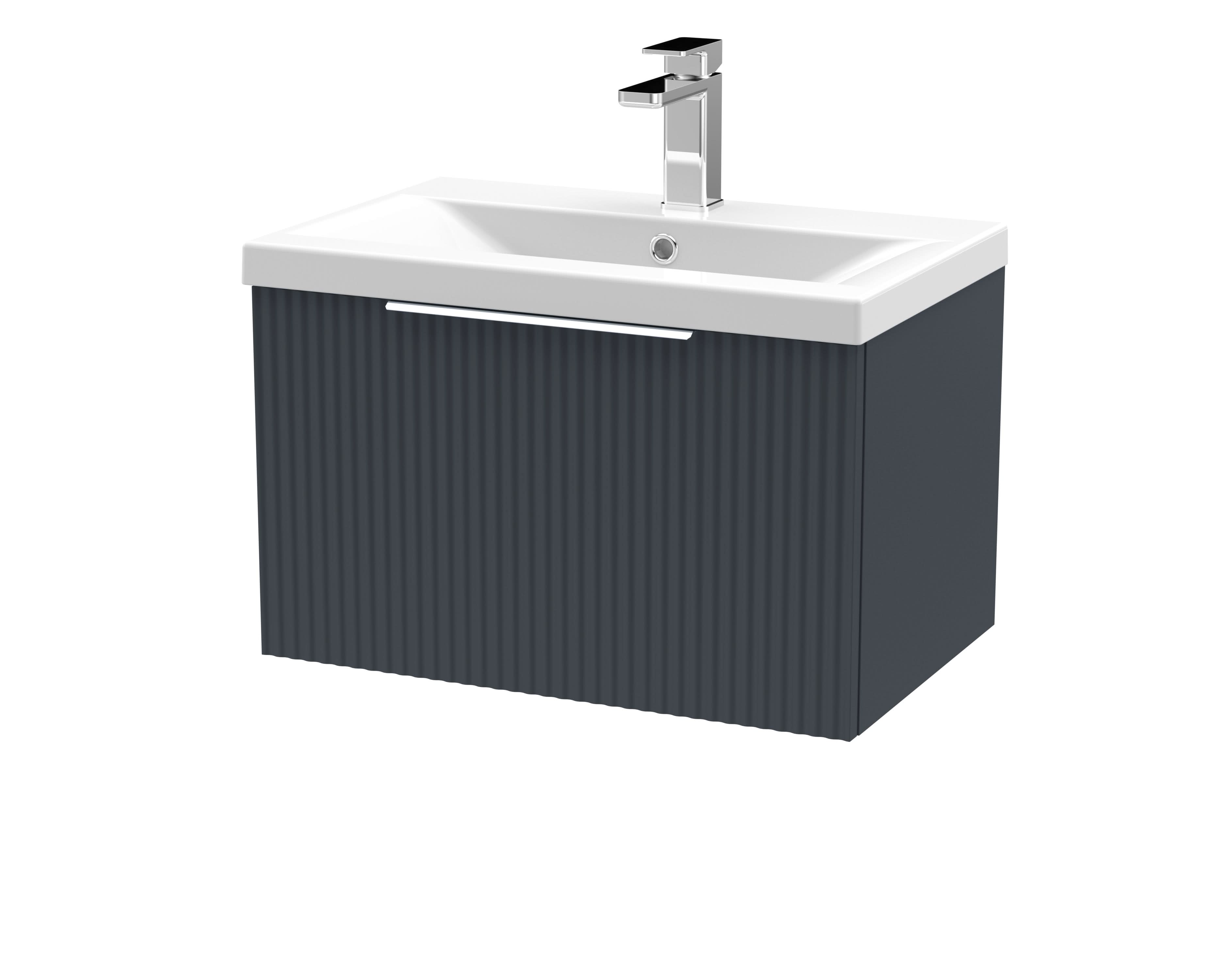Hudson Reed Fluted Wall Hung 1-Drawer Vanity and Mid-Edge Basin, Contemporary Sink Vanity Unit, Soft Black, 600mm