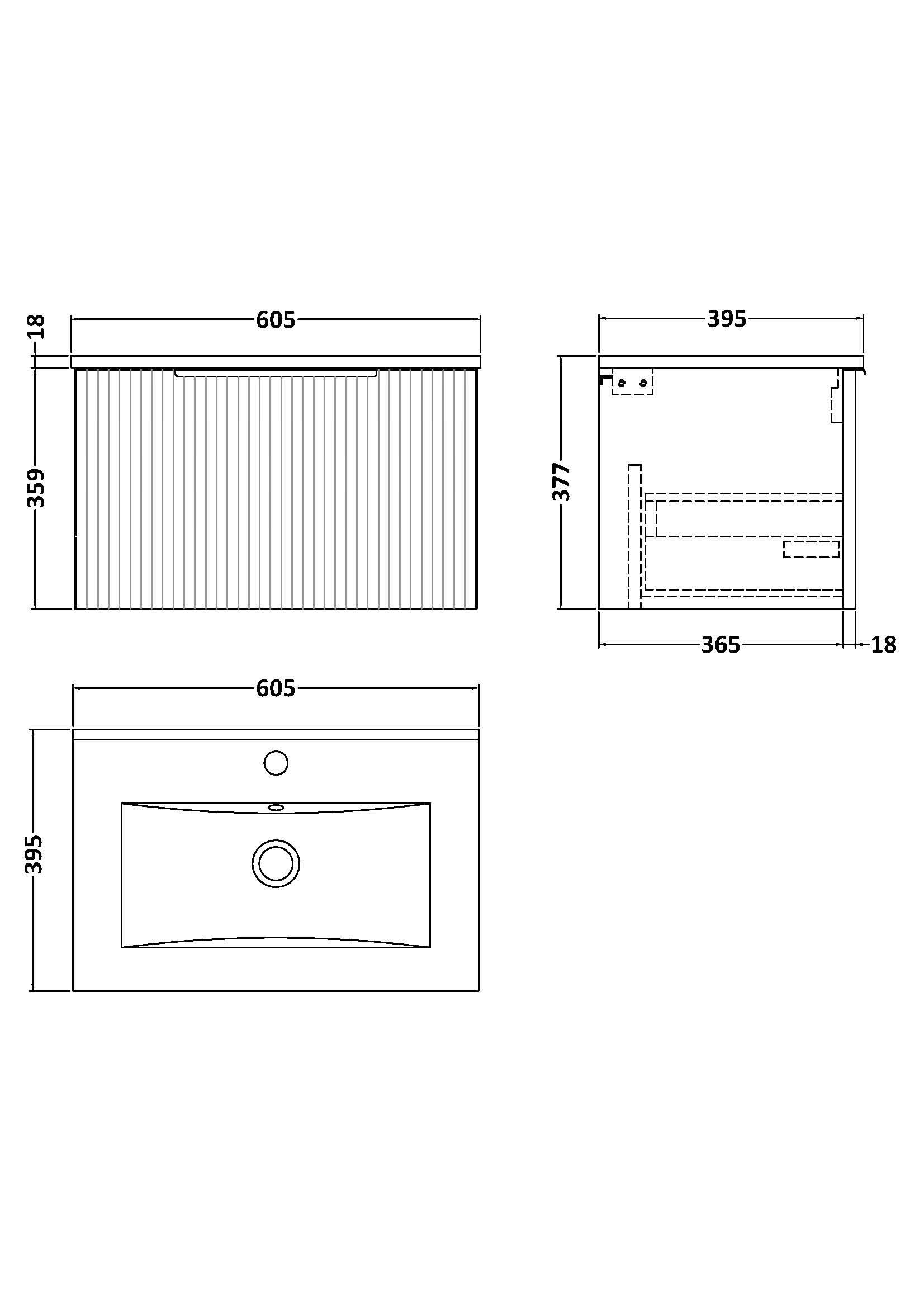 Hudson Reed Fluted Wall Hung 1-Drawer Vanity and Minimalist Basin, Contemporary Sink Vanity Unit, Soft Black, 600mm