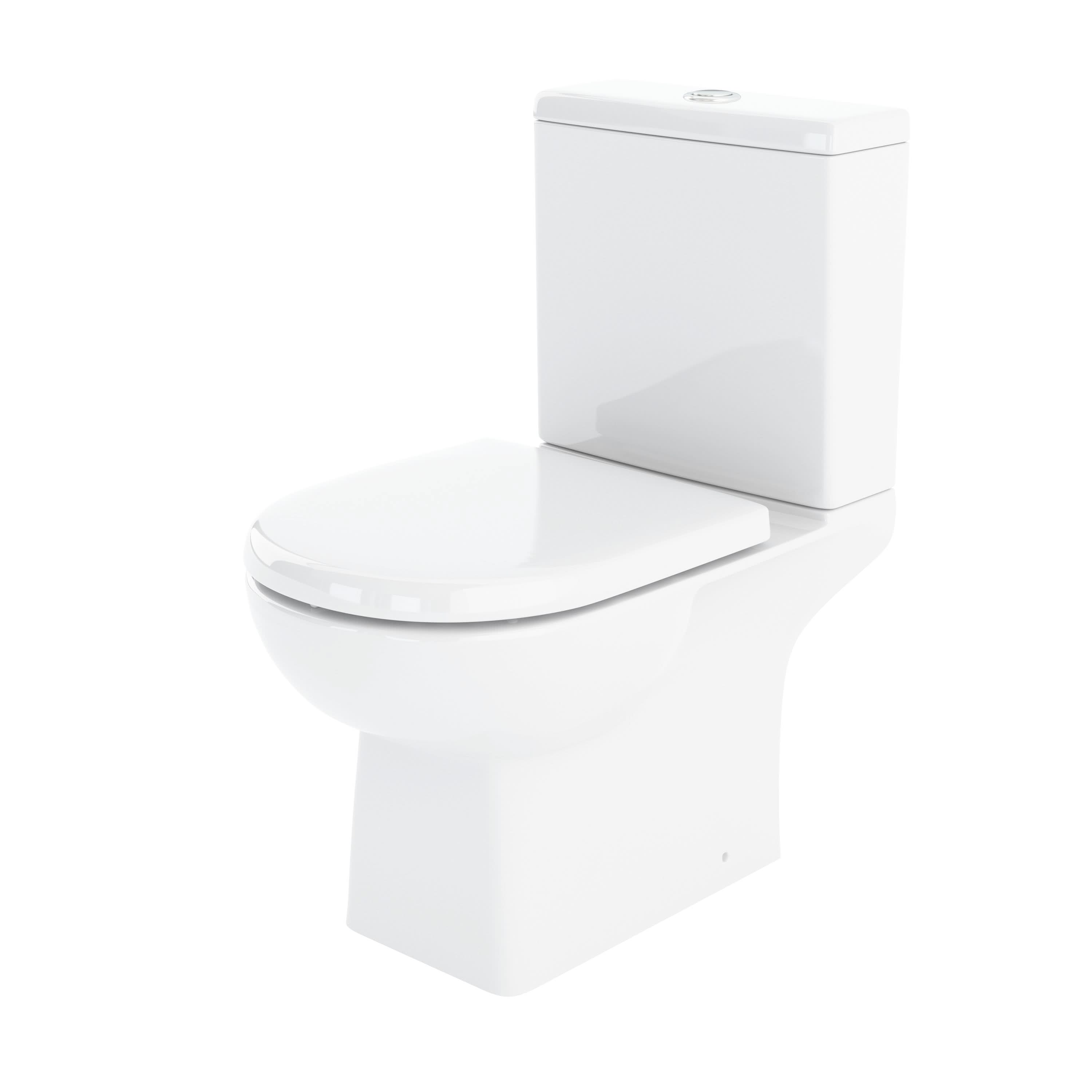 The Nuie Asselby Close Coupled Toilet With Push Button Cistern - White by Nuie features a modern design with a closed lid and rectangular tank, shown isolated on a plain white background.