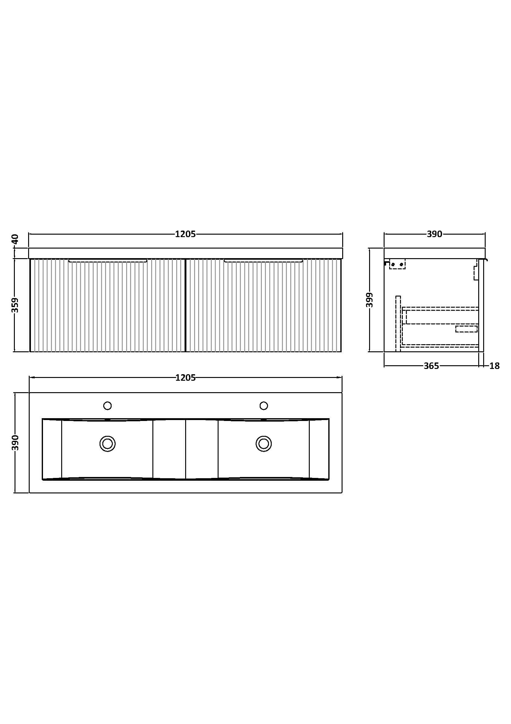 Hudson Reed Fluted Wall Hung 2-Drawer Vanity and Double Ceramic Basin, Contemporary Sink Vanity Unit, Soft Black, 1200mm