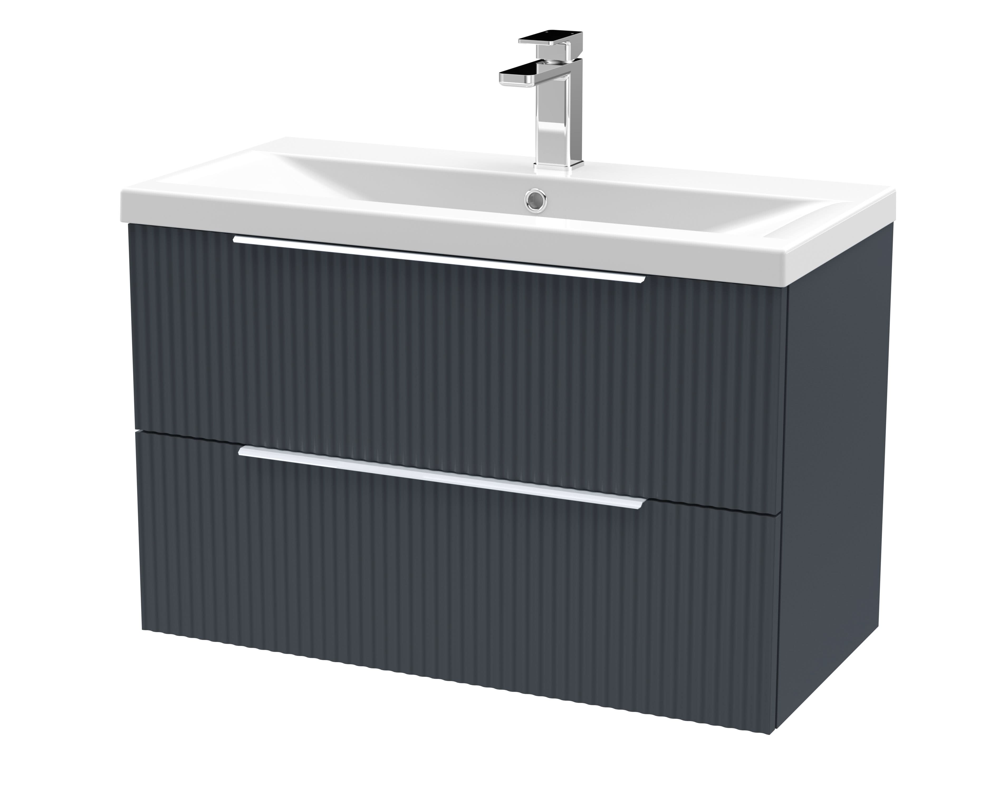 Hudson Reed Fluted Wall Hung 2-Drawer Vanity and Mid-Edge Basin, Contemporary Sink Vanity Unit, Soft Black, 800mm