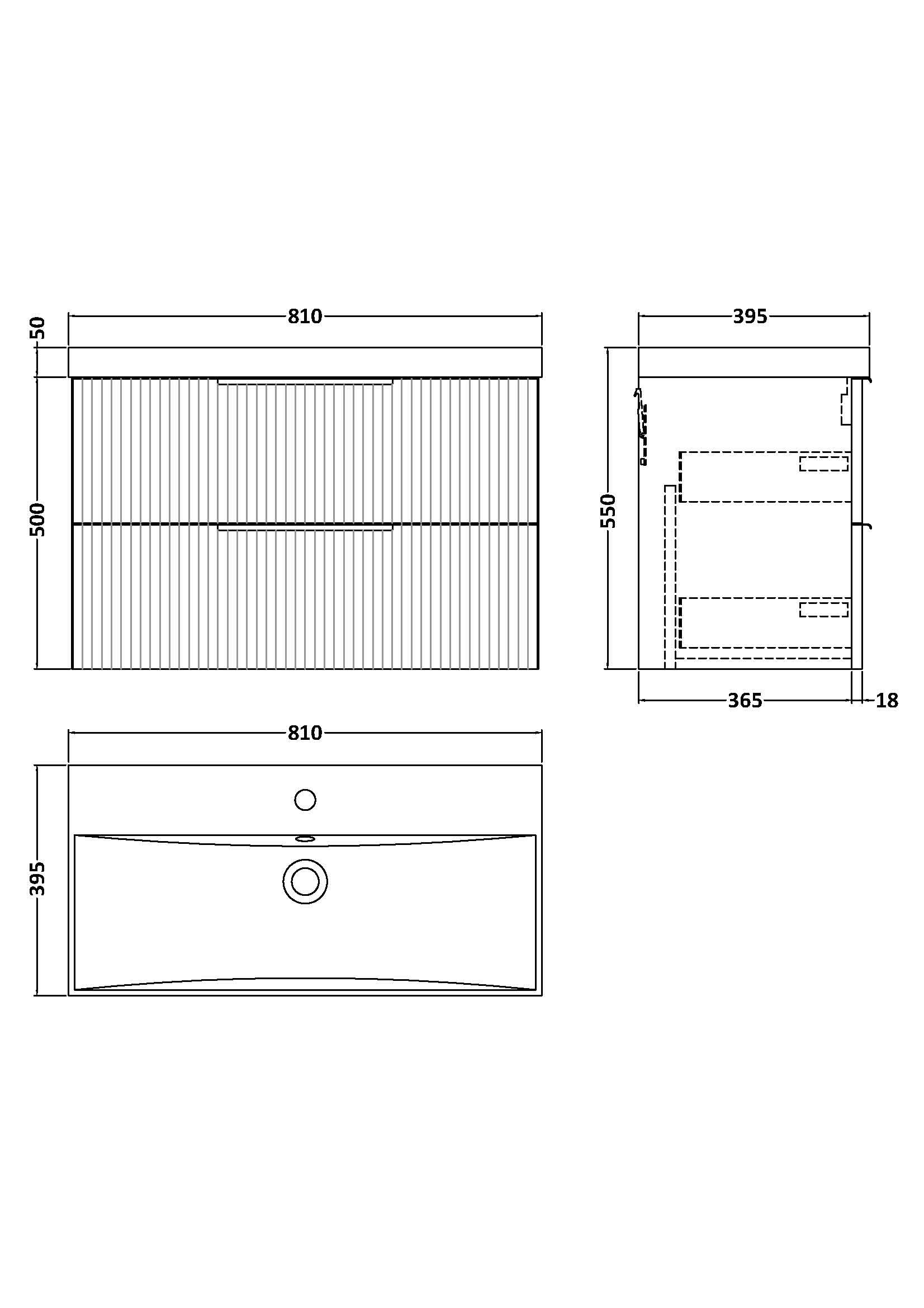 Hudson Reed Fluted Wall Hung 2-Drawer Vanity and Thin-Edge Basin, Contemporary Sink Vanity Unit, Soft Black, 800mm