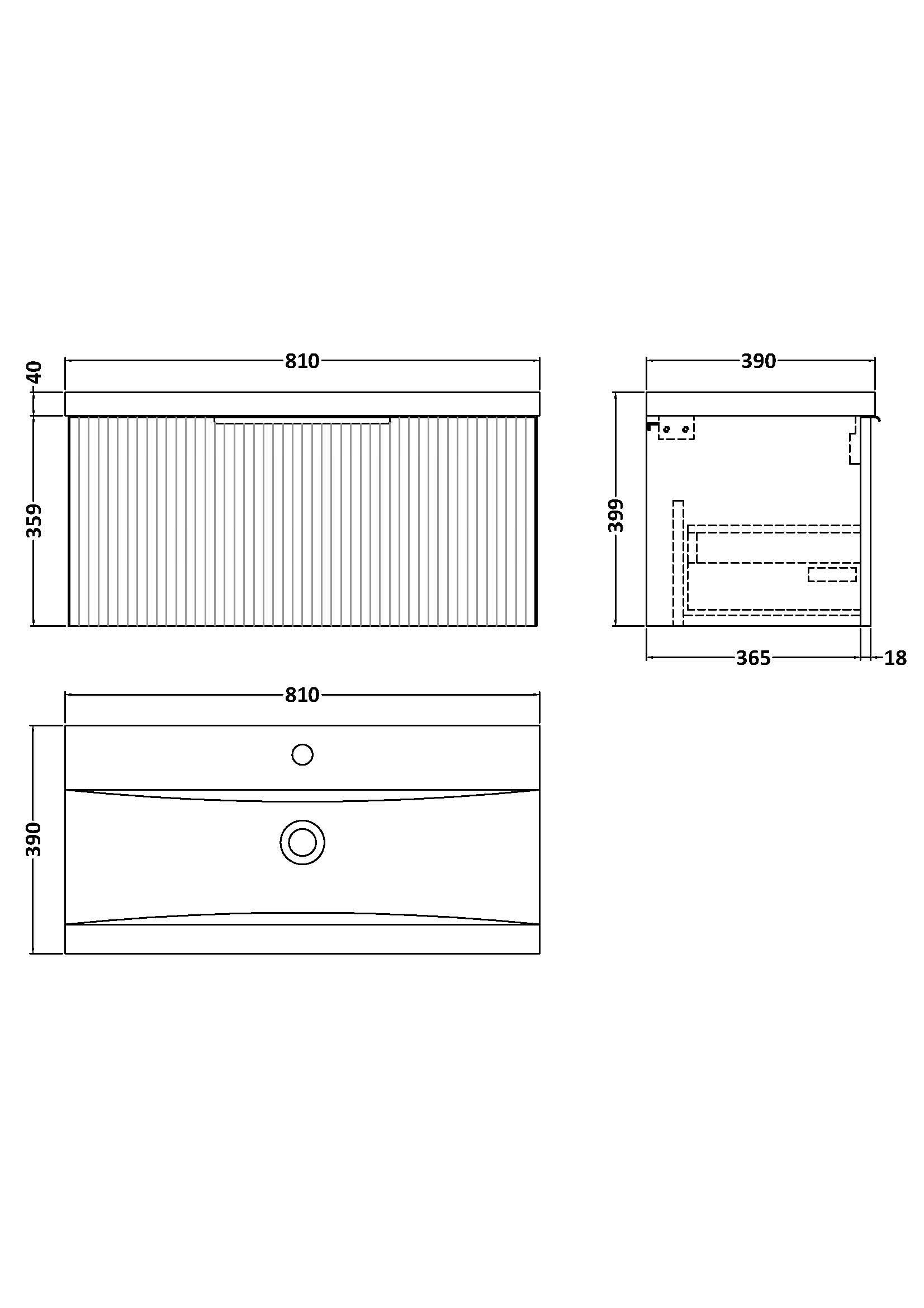Hudson Reed Fluted Wall Hung 1-Drawer Vanity and Mid-Edge Basin, Contemporary Sink Vanity Unit, Soft Black, 800mm