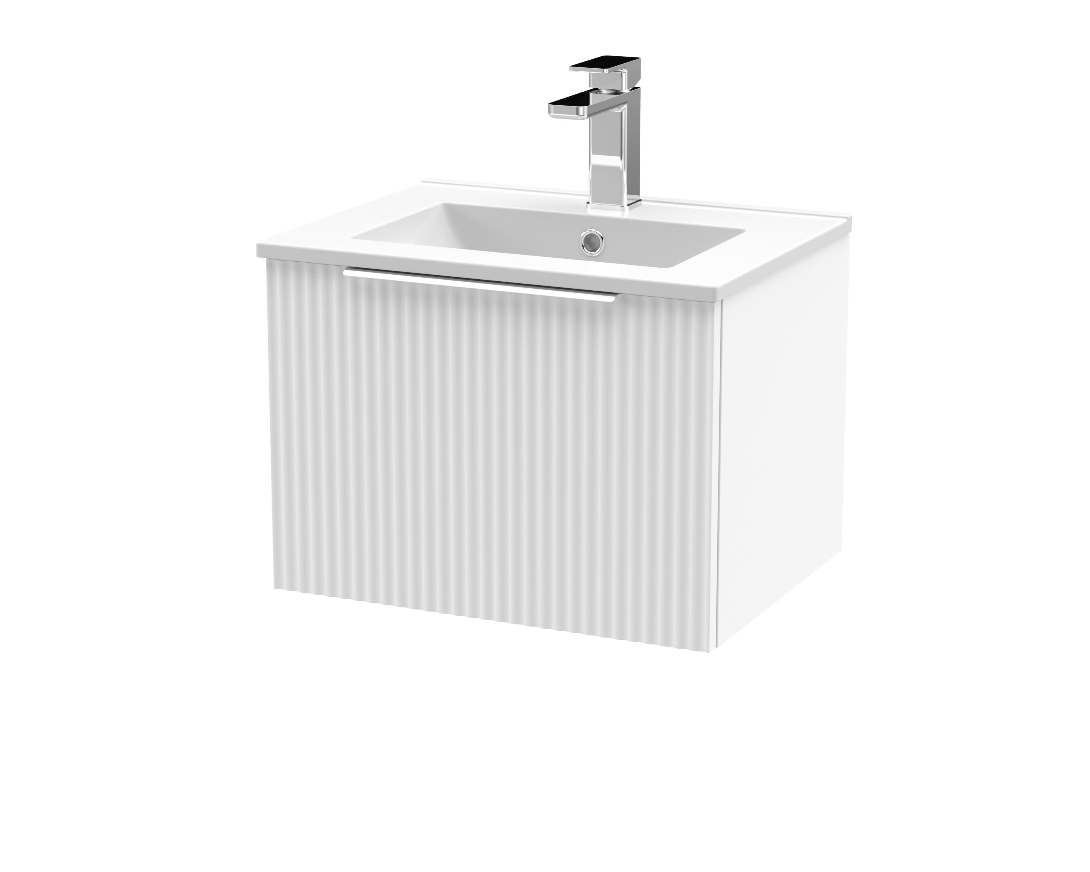 Hudson Reed Fluted Wall Hung 1-Drawer Vanity and Minimalist Basin, Contemporary Sink Vanity Unit, Satin White, 500mm