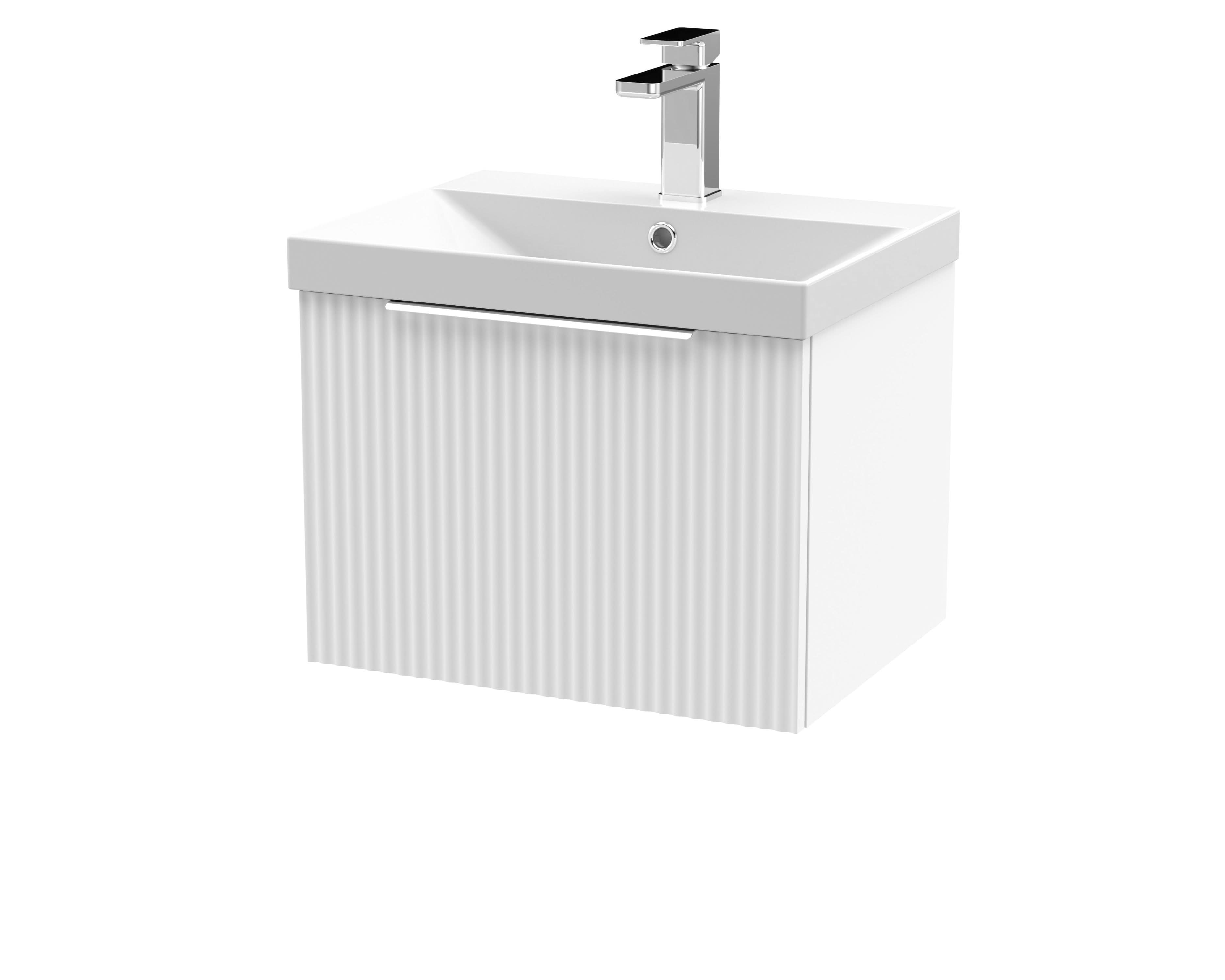 Hudson Reed Fluted Wall Hung 1-Drawer Vanity and Thin-Edge Basin, Contemporary Sink Vanity Unit, Satin White, 500mm