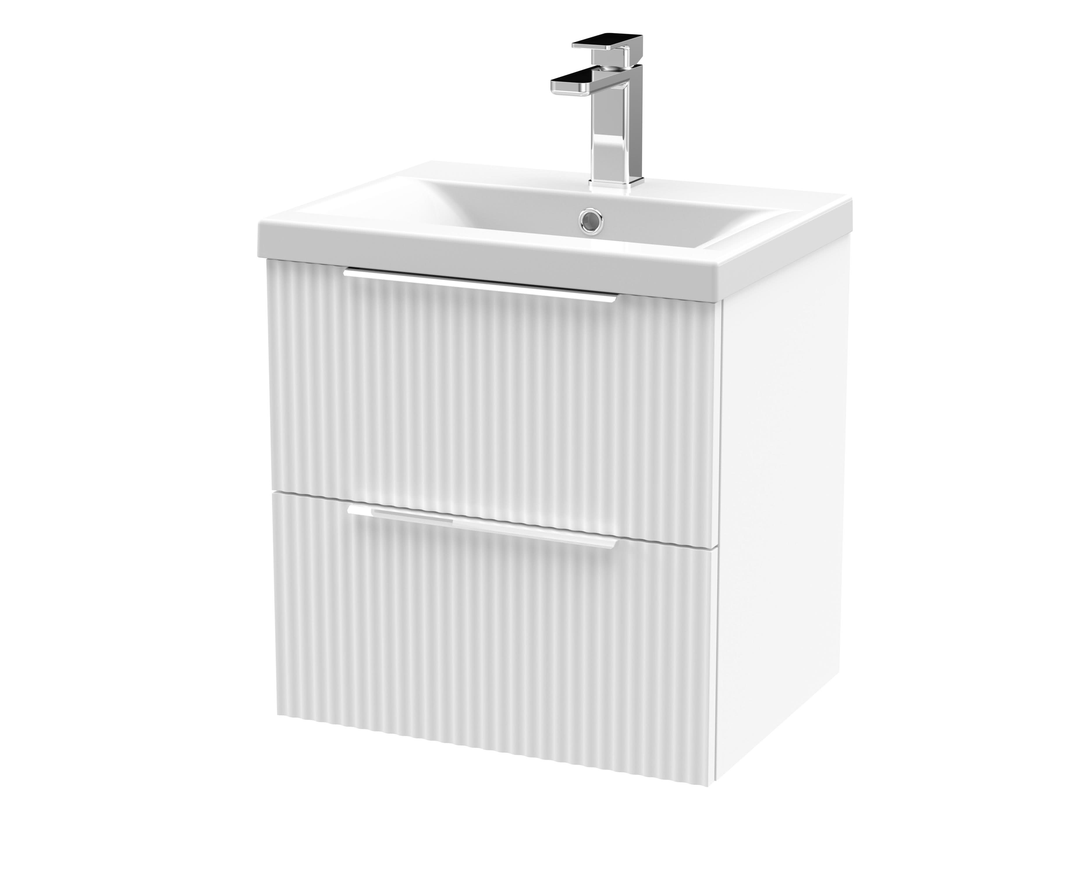 Hudson Reed Fluted Wall Hung 2-Drawer Vanity and Mid-Edge Basin, Contemporary Sink Vanity Unit, Satin White, 500mm