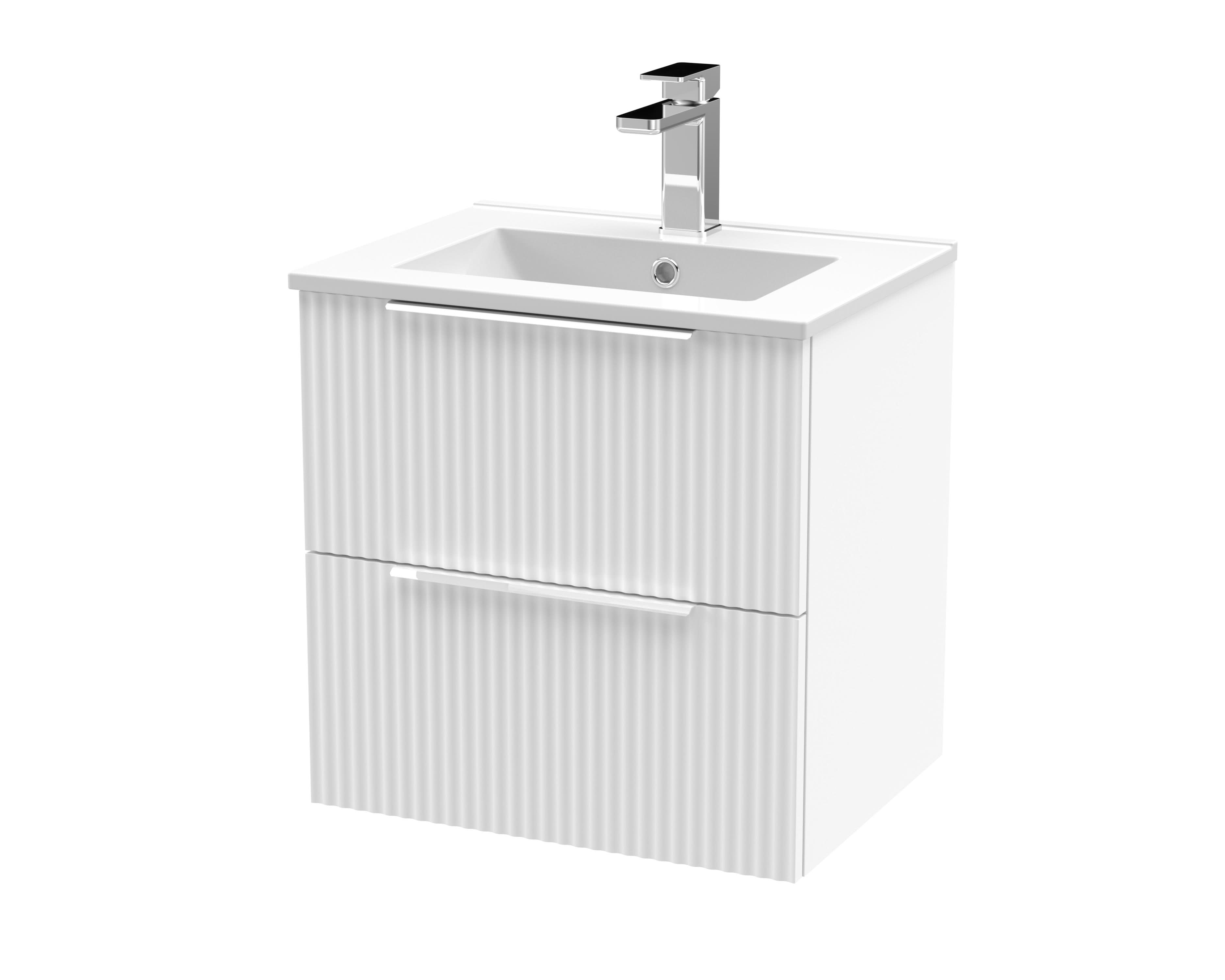 Hudson Reed Fluted Wall Hung 2-Drawer Vanity and Minimalist Basin, Contemporary Sink Vanity Unit, Satin White, 500mm