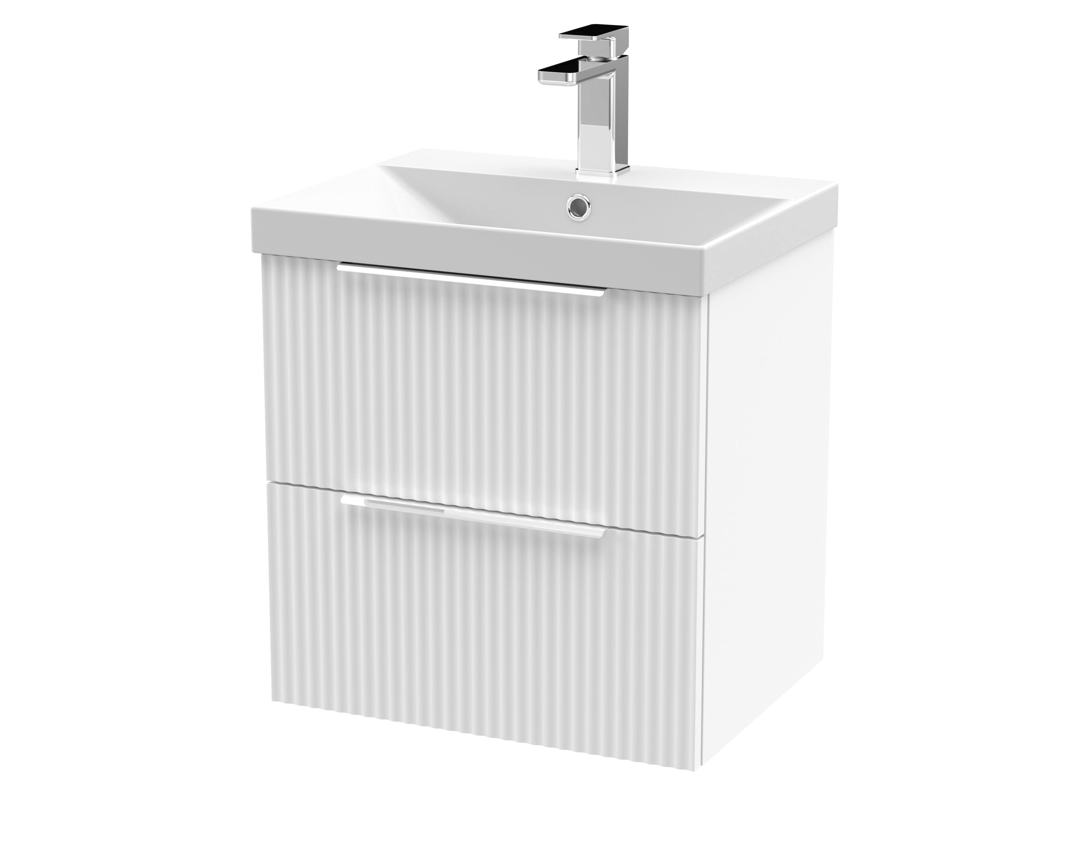 Hudson Reed Fluted Wall Hung 2-Drawer Vanity and Thin-Edge Basin, Contemporary Sink Vanity Unit, Satin White, 500mm