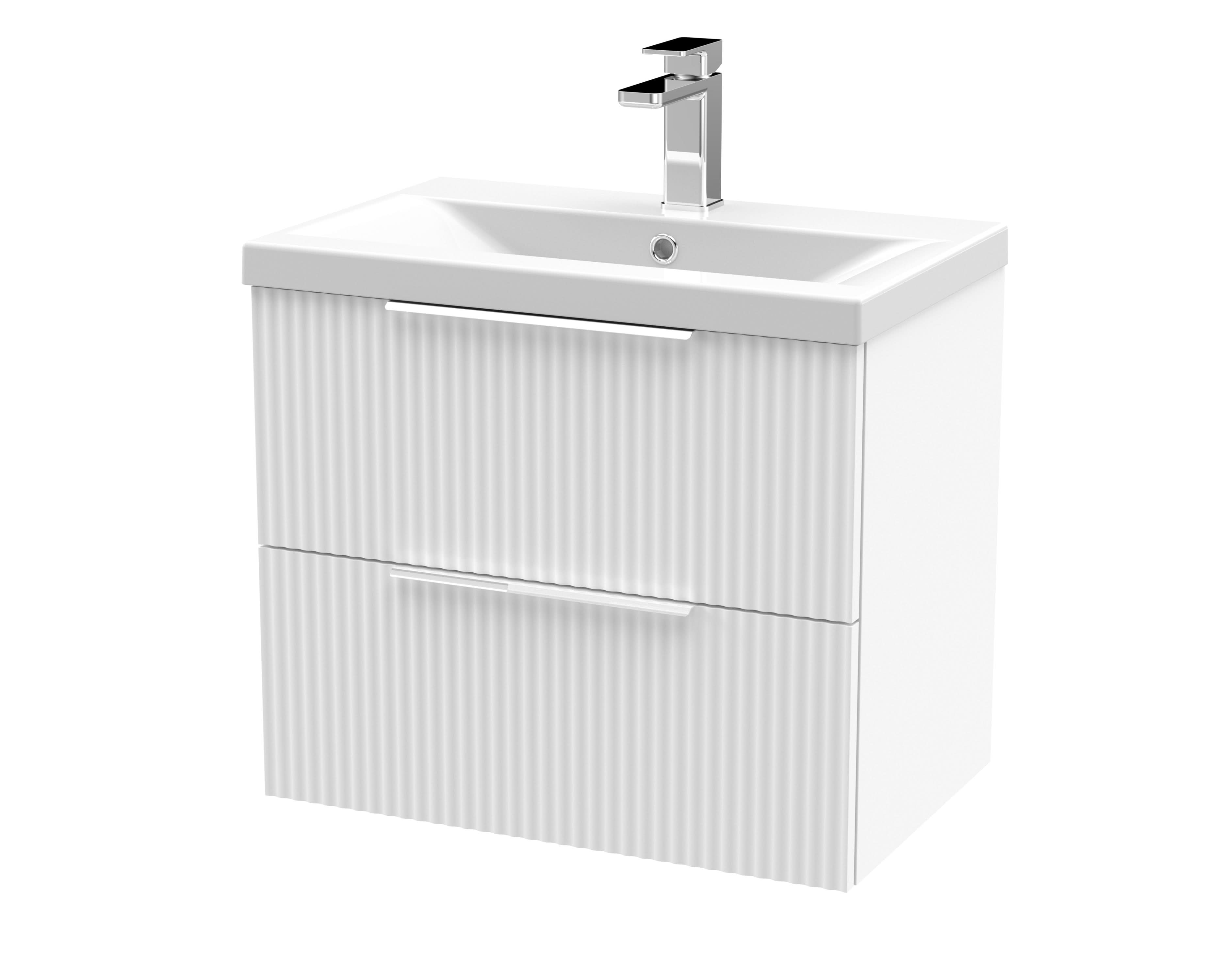 Hudson Reed Fluted Wall Hung 2-Drawer Vanity and Mid-Edge Basin, Contemporary Sink Vanity Unit, Satin White, 600mm
