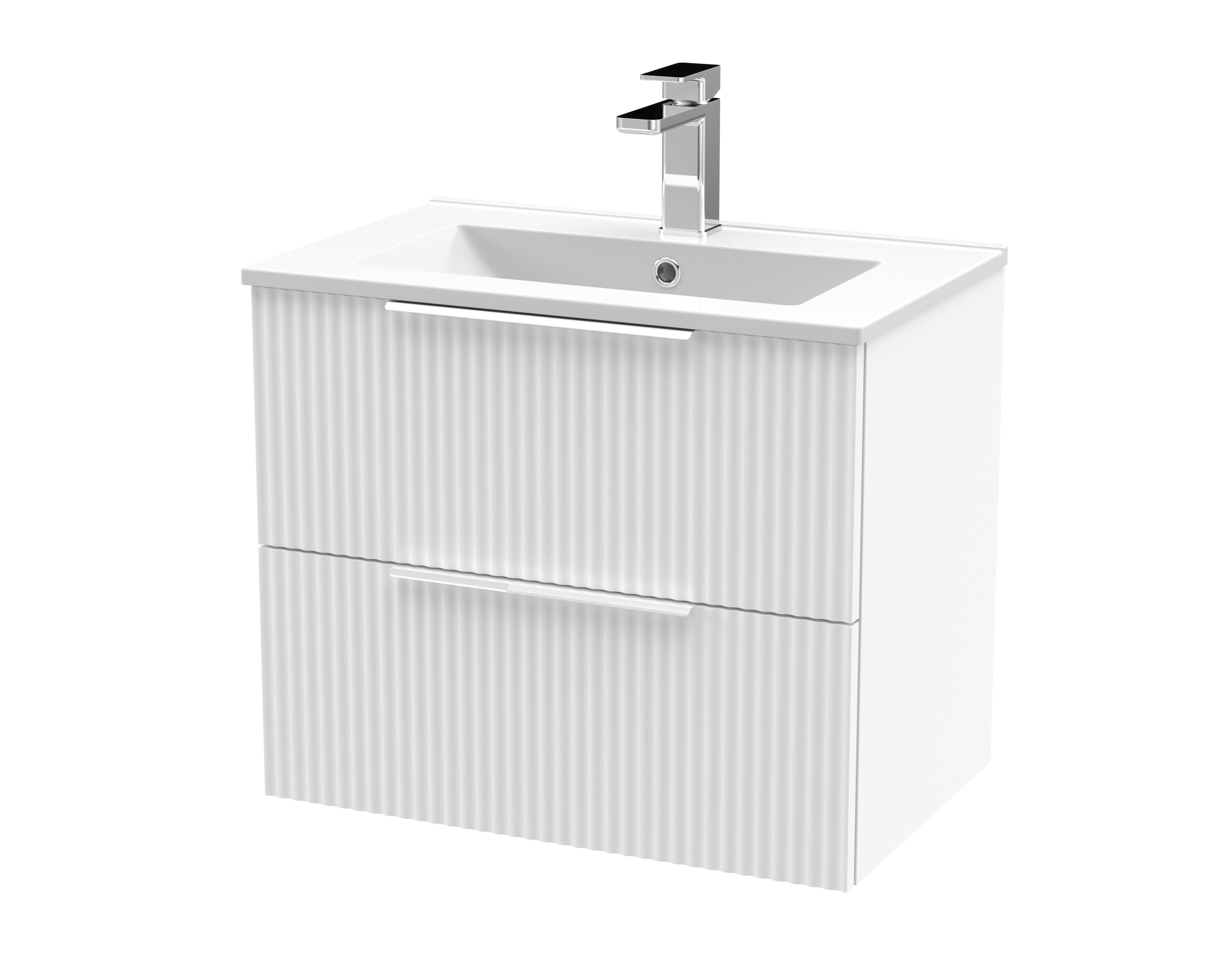 Hudson Reed Fluted Wall Hung 2-Drawer Vanity and Minimalist Basin, Contemporary Sink Vanity Unit, Satin White, 600mm