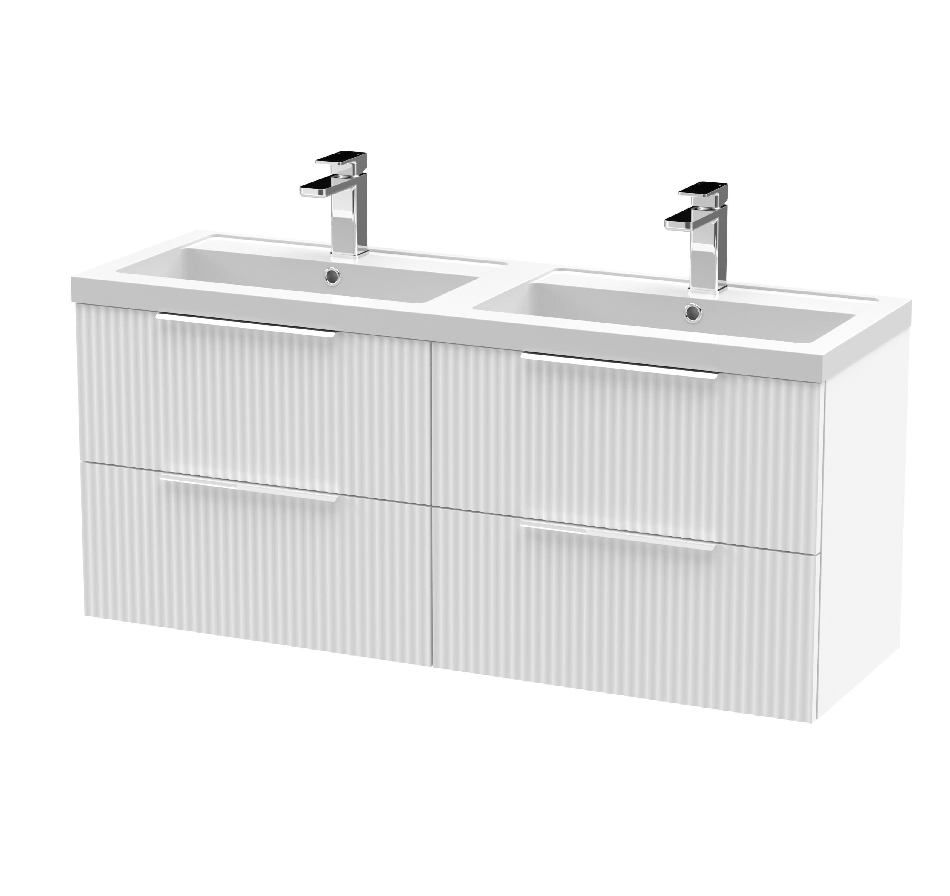 Hudson Reed Fluted Wall Hung 4-Drawer Vanity and Double Polymarble Basin, Modern Sink Vanity Unit, Satin White, 1200mm