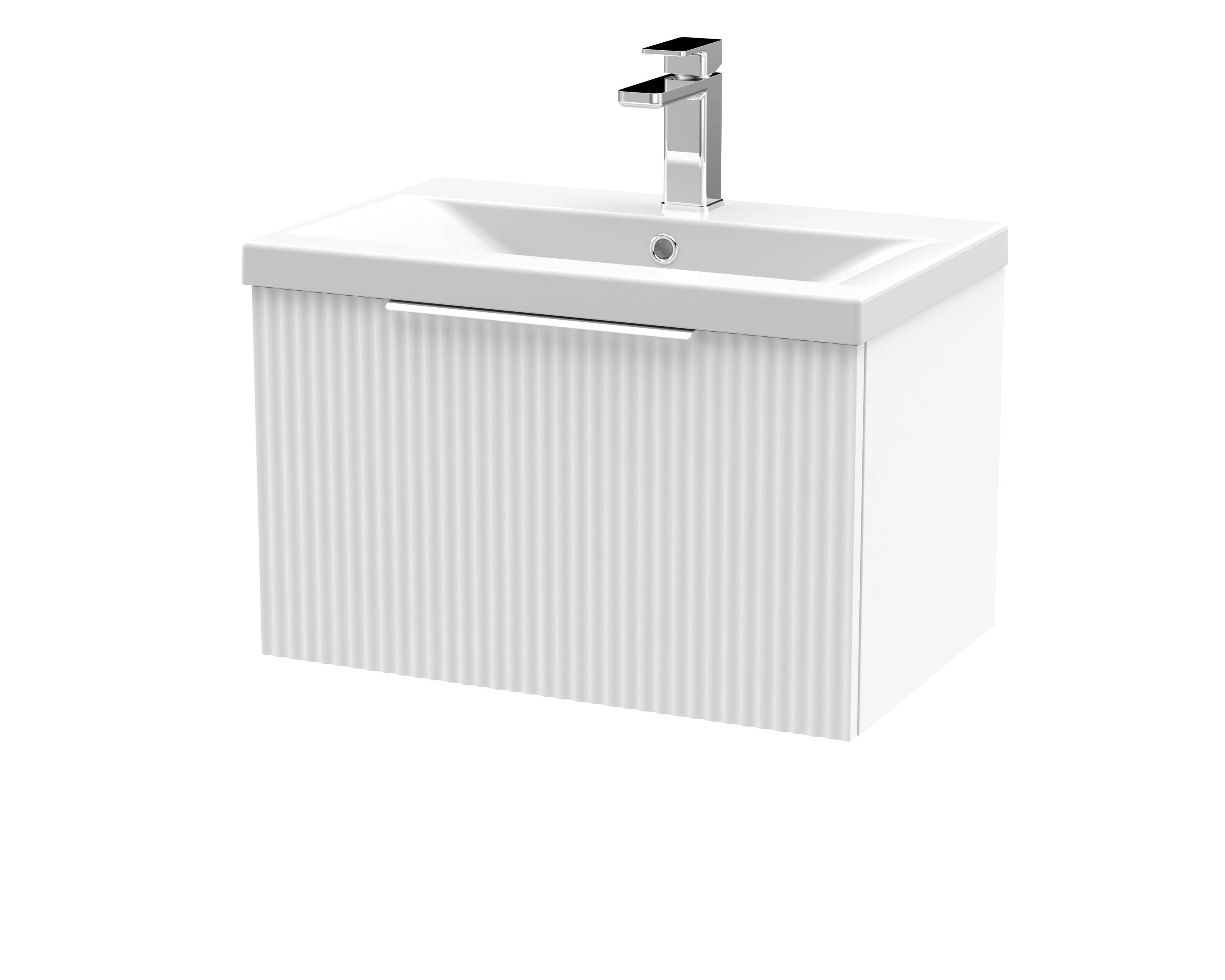 Hudson Reed Fluted Wall Hung 1-Drawer Vanity and Mid-Edge Basin, Contemporary Sink Vanity Unit, Satin White, 600mm