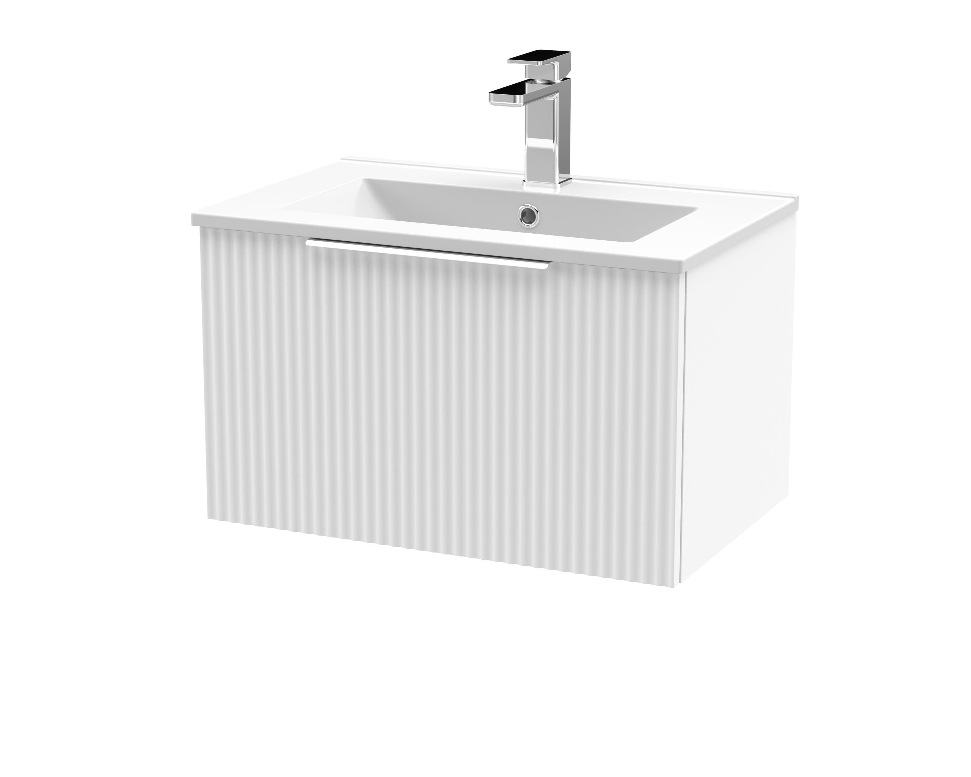 Hudson Reed Fluted Wall Hung 1-Drawer Vanity and Minimalist Basin, Contemporary Sink Vanity Unit, Satin White, 600mm