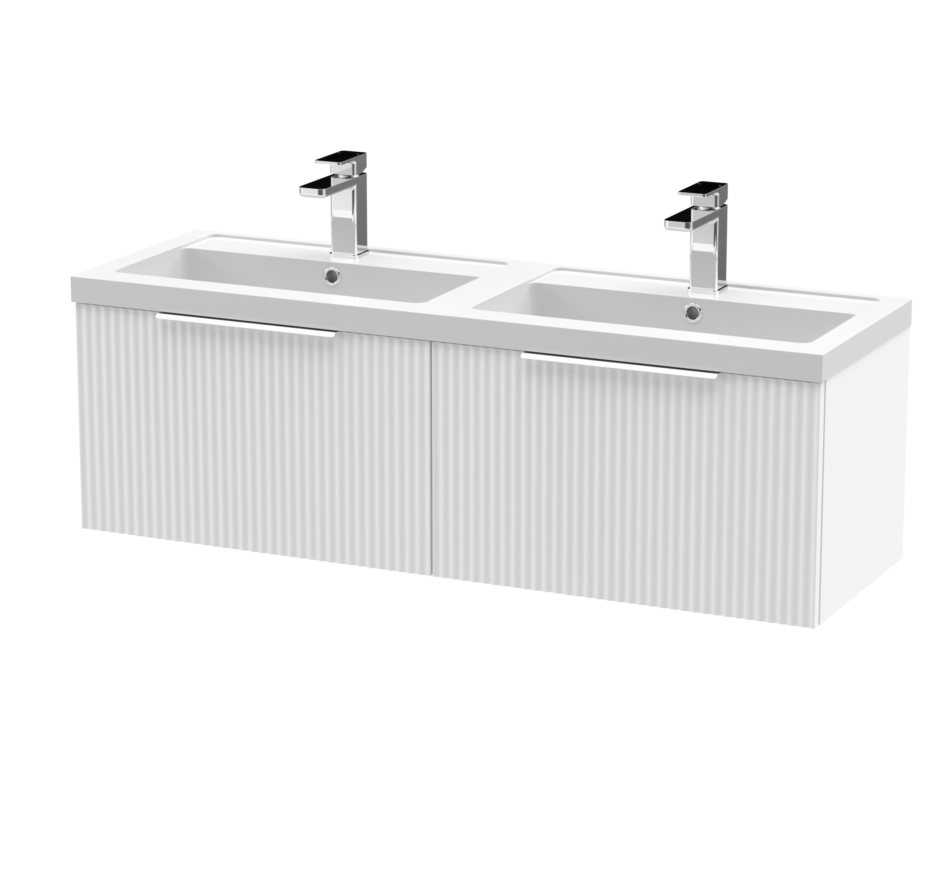 Hudson Reed Fluted Wall Hung 2-Drawer Vanity and Double Polymarble Basin, Modern Sink Vanity Unit, Satin White, 1200mm