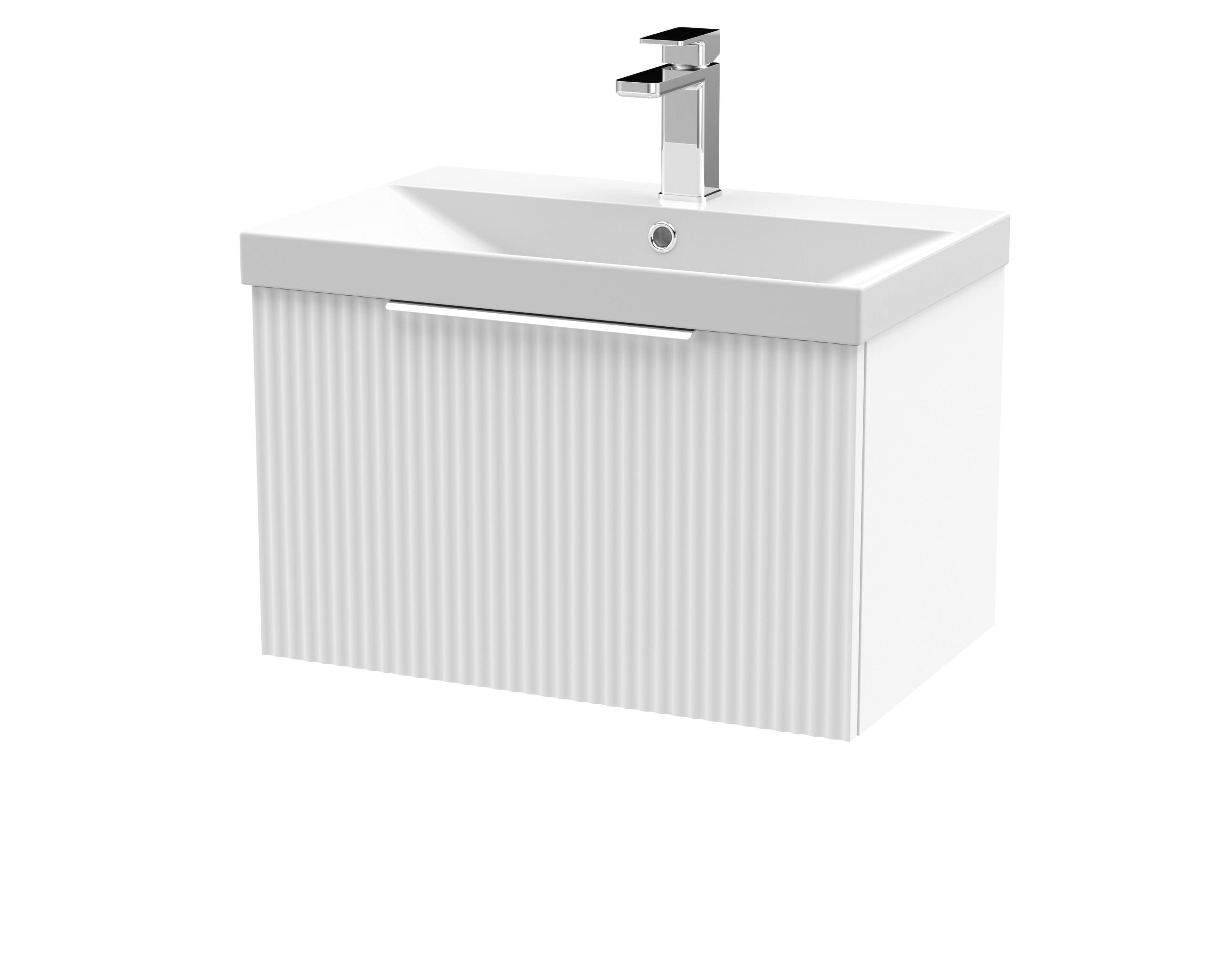 Hudson Reed Fluted Wall Hung 1-Drawer Vanity and Thin-Edge Basin, Contemporary Sink Vanity Unit, Satin White, 600mm