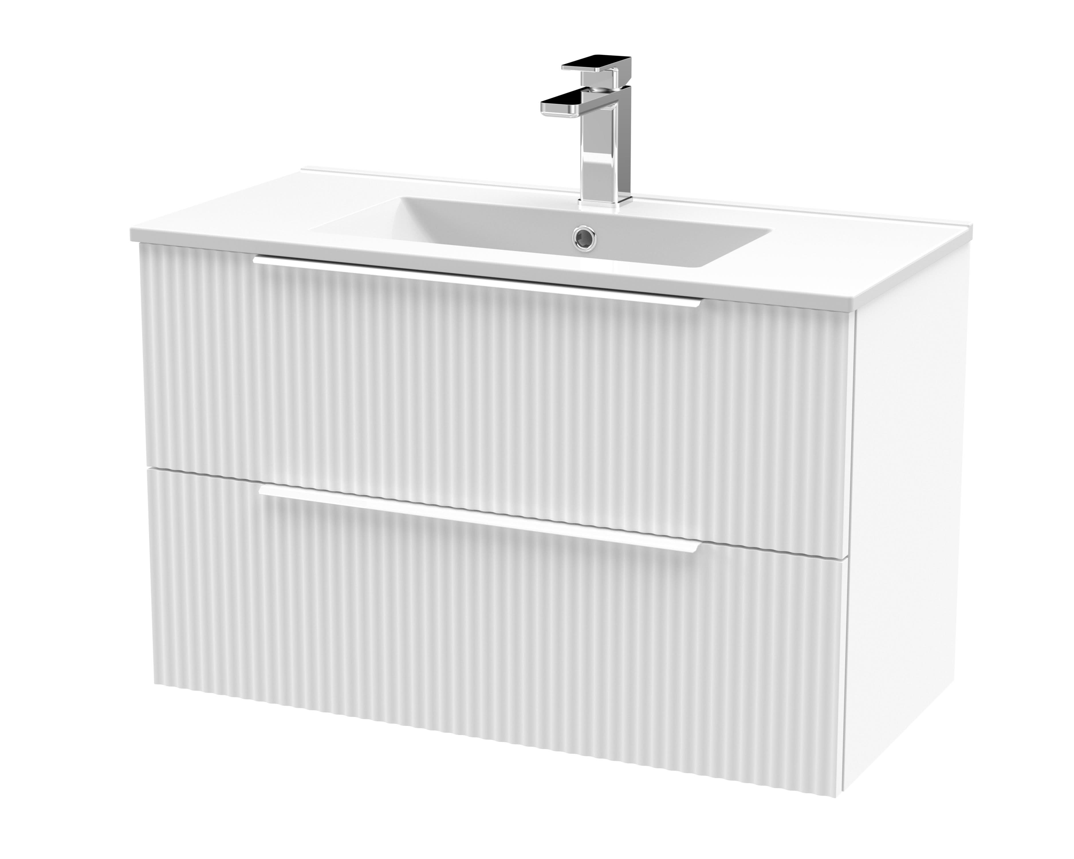 Hudson Reed Fluted Wall Hung 2-Drawer Vanity and Minimalist Basin, Contemporary Sink Vanity Unit, Satin White, 800mm
