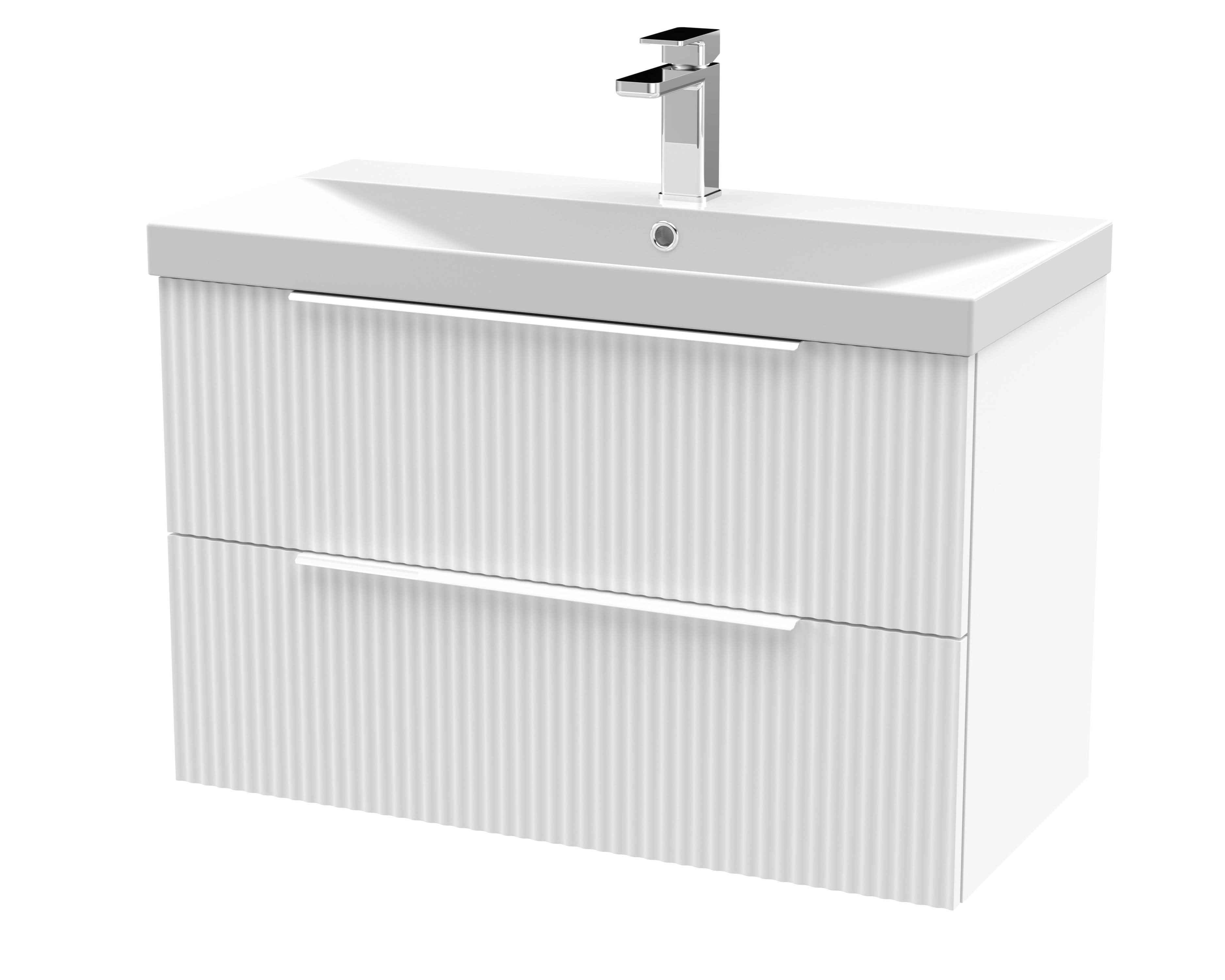 Hudson Reed Fluted Wall Hung 2-Drawer Vanity and Thin-Edge Basin, Contemporary Sink Vanity Unit, Satin White, 800mm