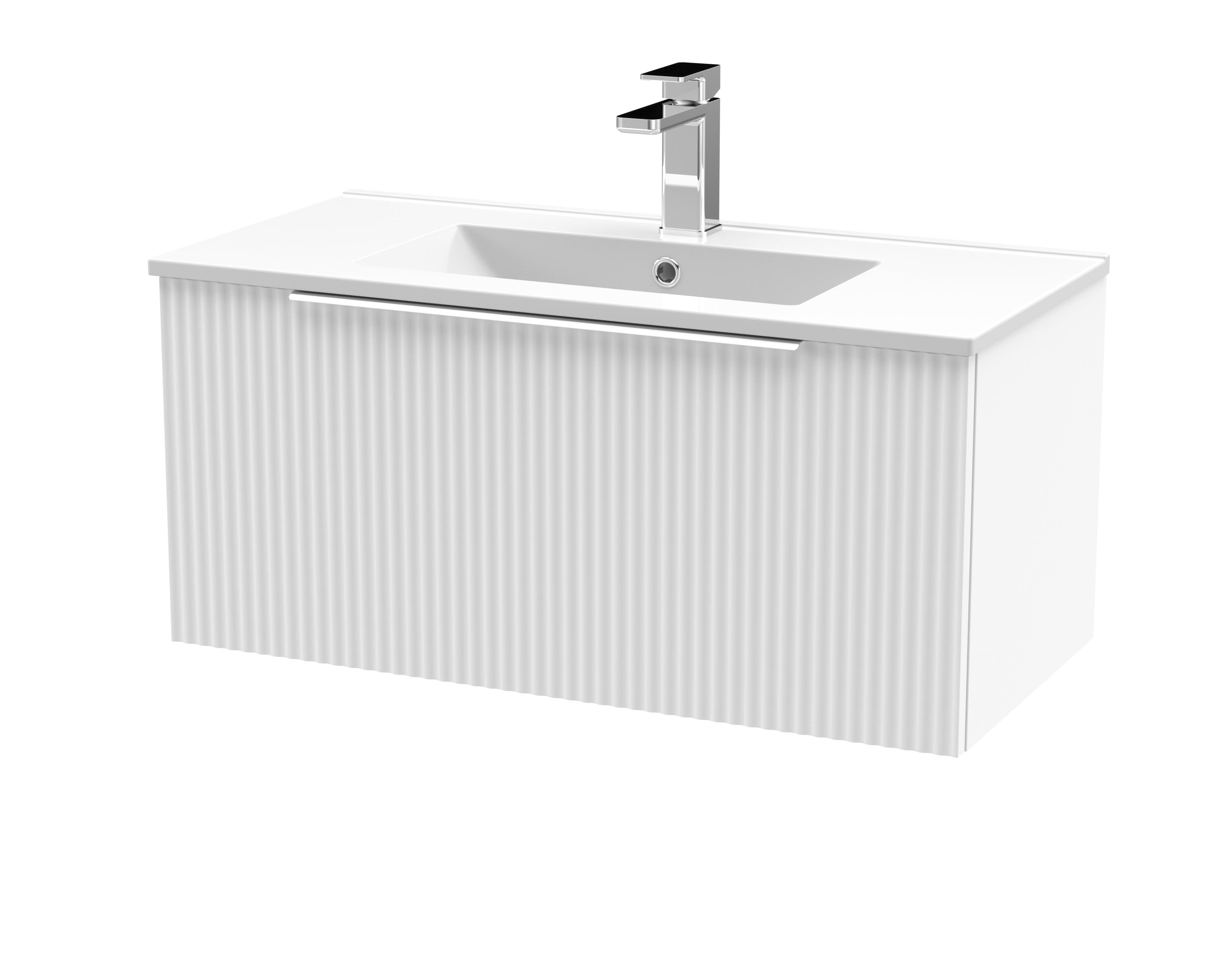 Hudson Reed Fluted Wall Hung 1-Drawer Vanity and Minimalist Basin, Contemporary Sink Vanity Unit, Satin White, 800mm