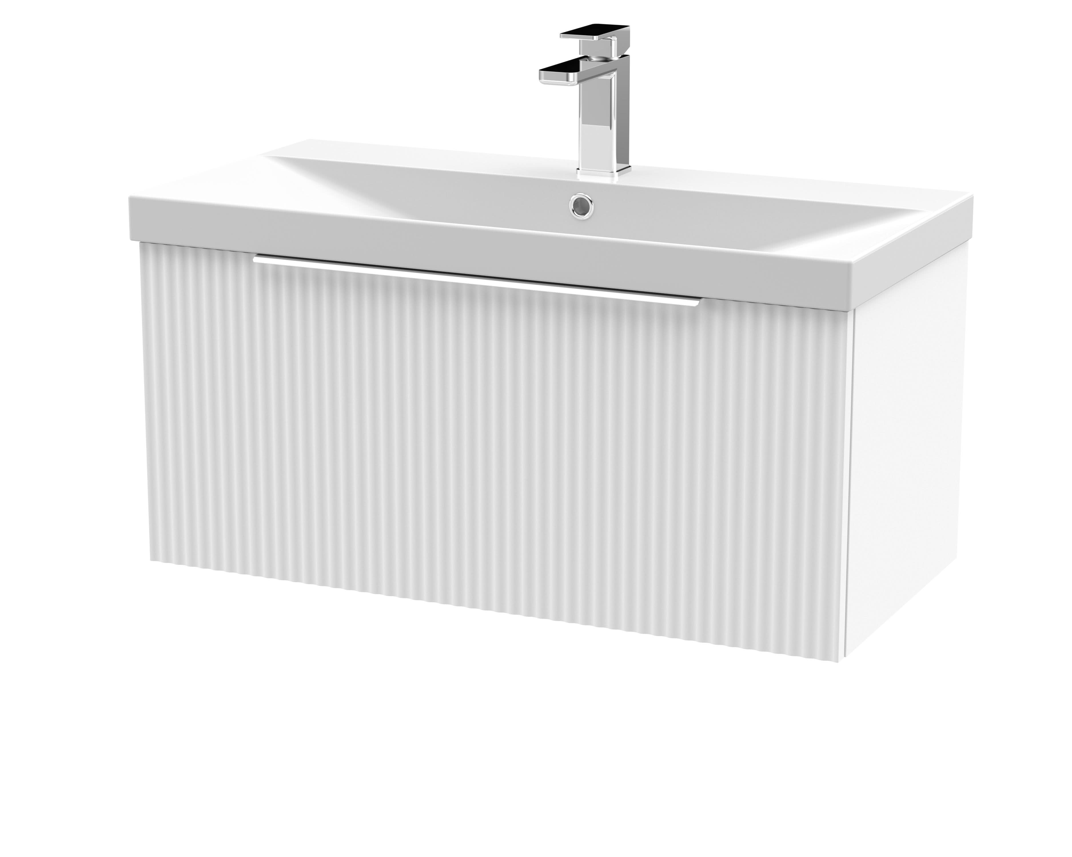 Hudson Reed Fluted Wall Hung 1-Drawer Vanity and Thin-Edge Basin, Contemporary Sink Vanity Unit, Satin White, 800mm