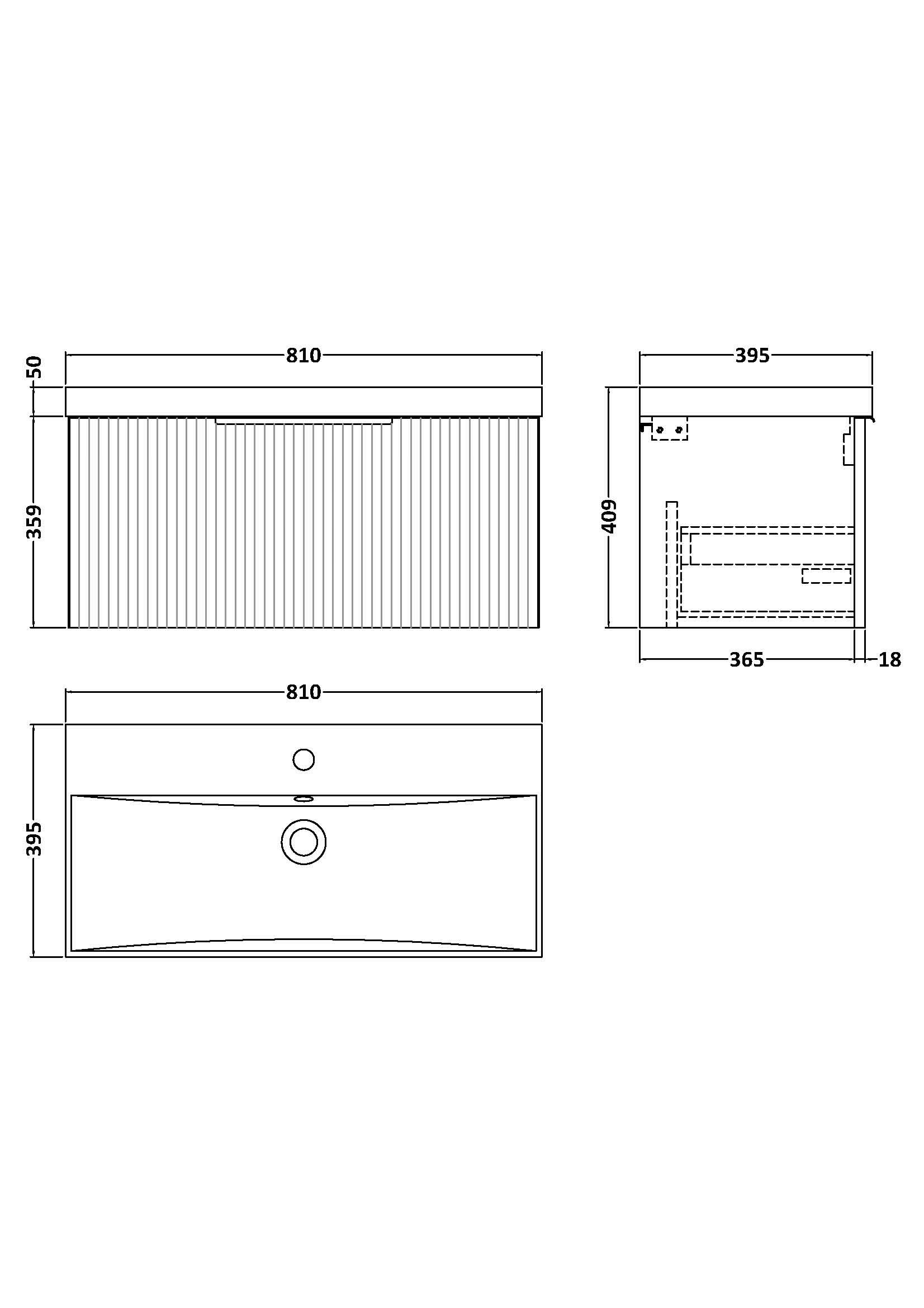 Hudson Reed Fluted Wall Hung 1-Drawer Vanity and Thin-Edge Basin, Contemporary Sink Vanity Unit, Satin White, 800mm