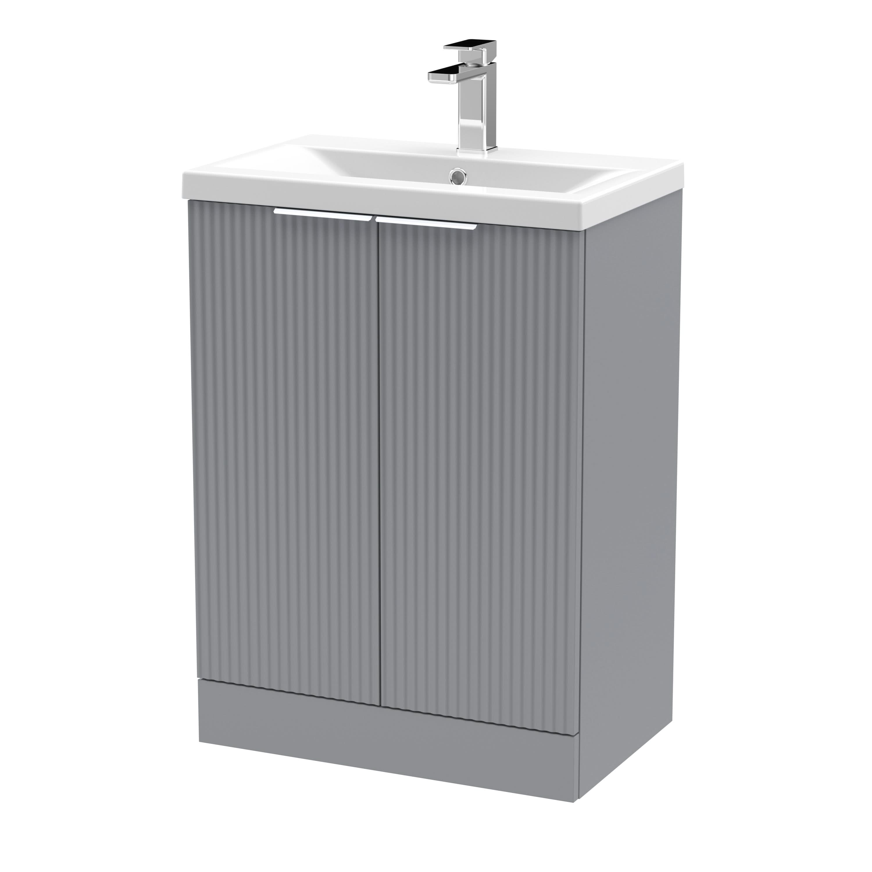 Hudson Reed Fluted Floor Standing 2-Door Vanity and Mid-Edge Basin, Contemporary Sink Vanity Unit, Satin Grey, 600mm