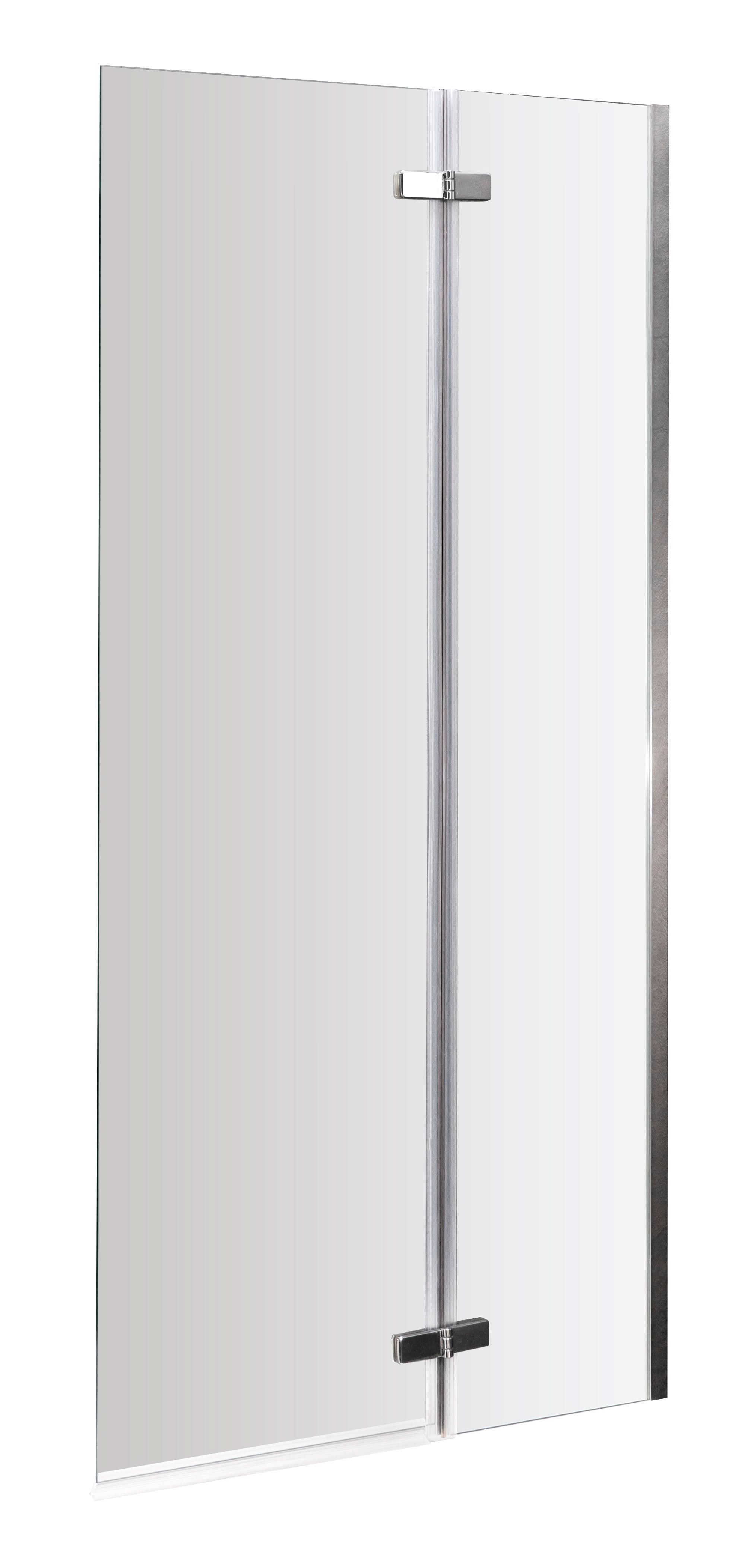 The Nuie Ella Hinged Shower Bath Screen (1400mm x 750mm, Satin Chrome) features a frameless glass design, two satin chrome hinges, and a vertical handle, pictured against a plain white background.