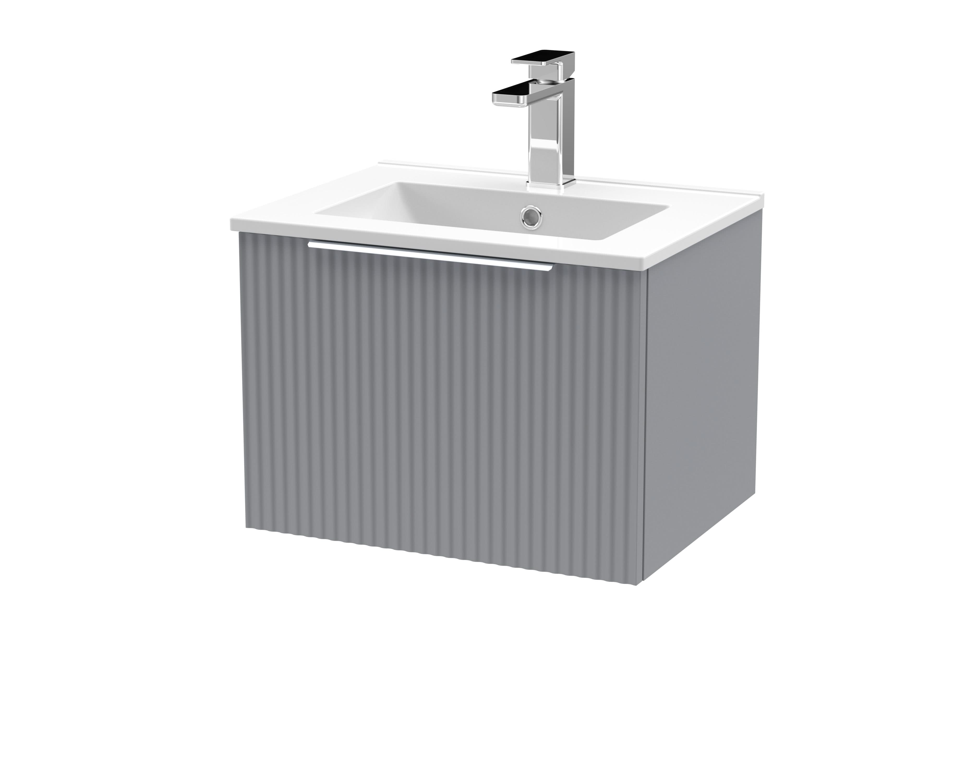 Hudson Reed Fluted Wall Hung 1-Drawer Vanity and Minimalist Basin, Contemporary Sink Vanity Unit, Satin Grey, 500mm