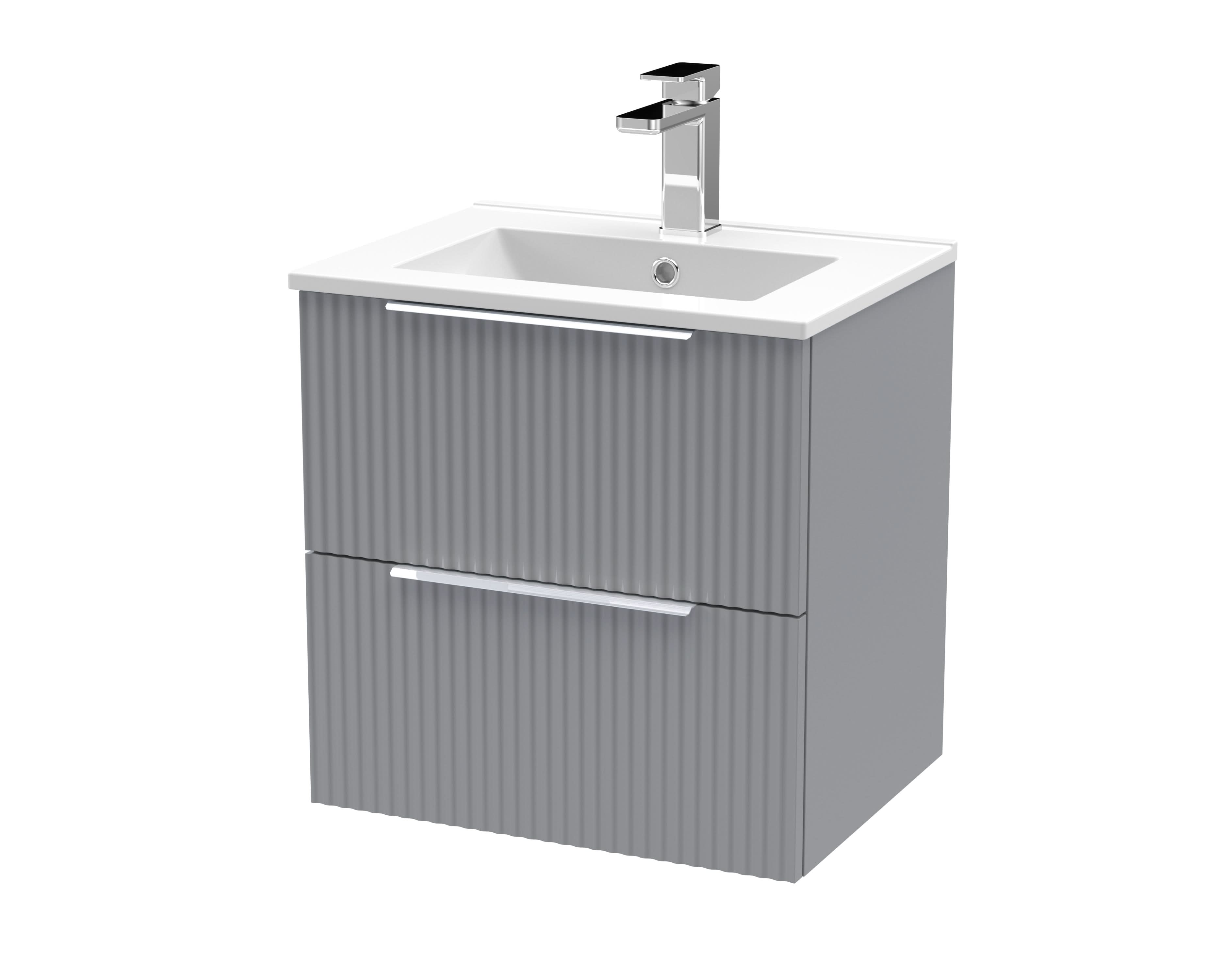 Hudson Reed Fluted Wall Hung 2-Drawer Vanity and Minimalist Basin, Contemporary Sink Vanity Unit, Satin Grey, 500mm