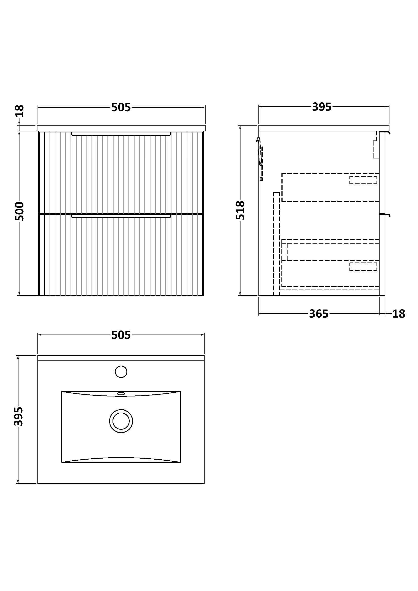 Hudson Reed Fluted Wall Hung 2-Drawer Vanity and Minimalist Basin, Contemporary Sink Vanity Unit, Satin Grey, 500mm