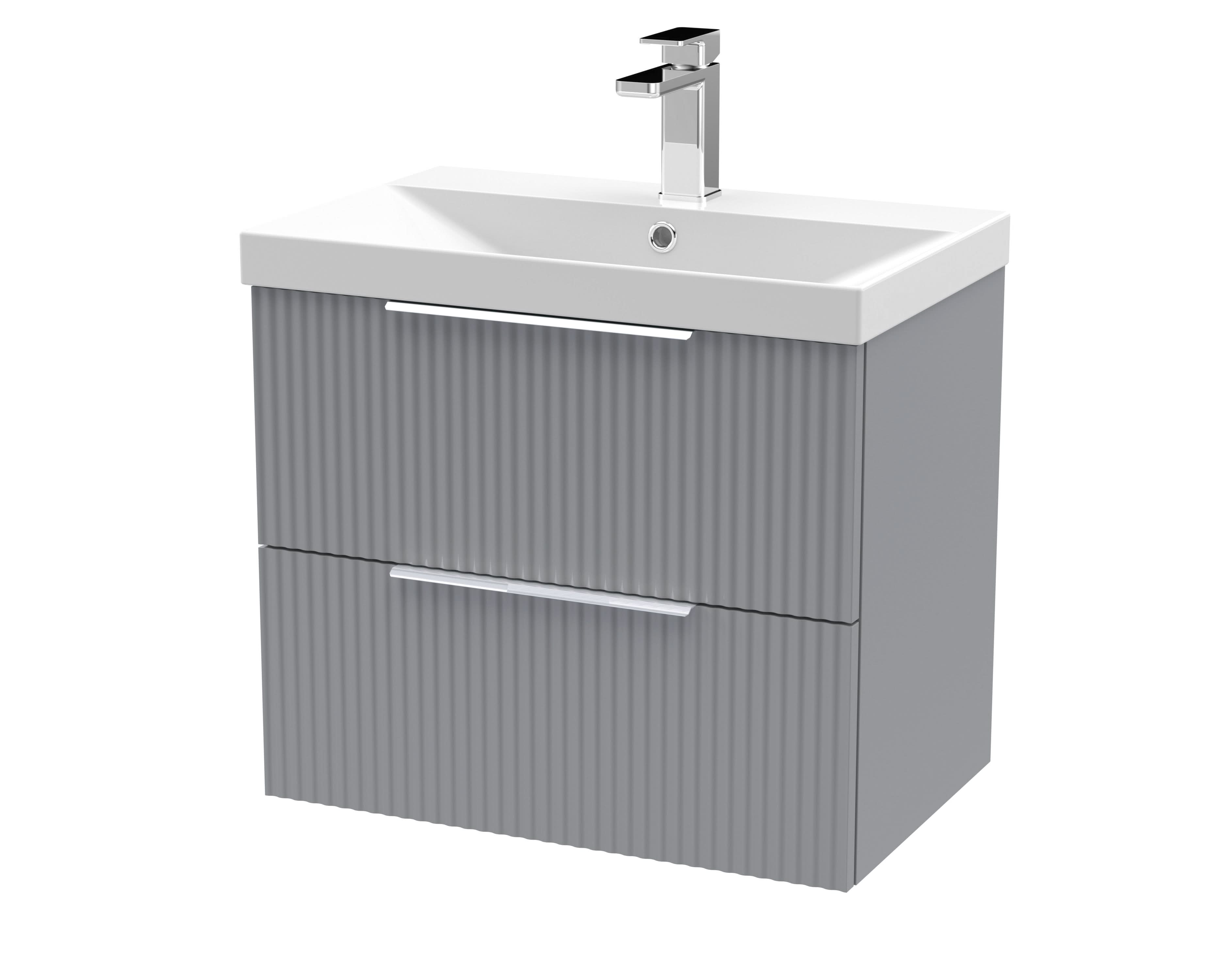 Hudson Reed Fluted Wall Hung 2-Drawer Vanity and Thin-Edge Basin, Contemporary Sink Vanity Unit, Satin Grey, 600mm