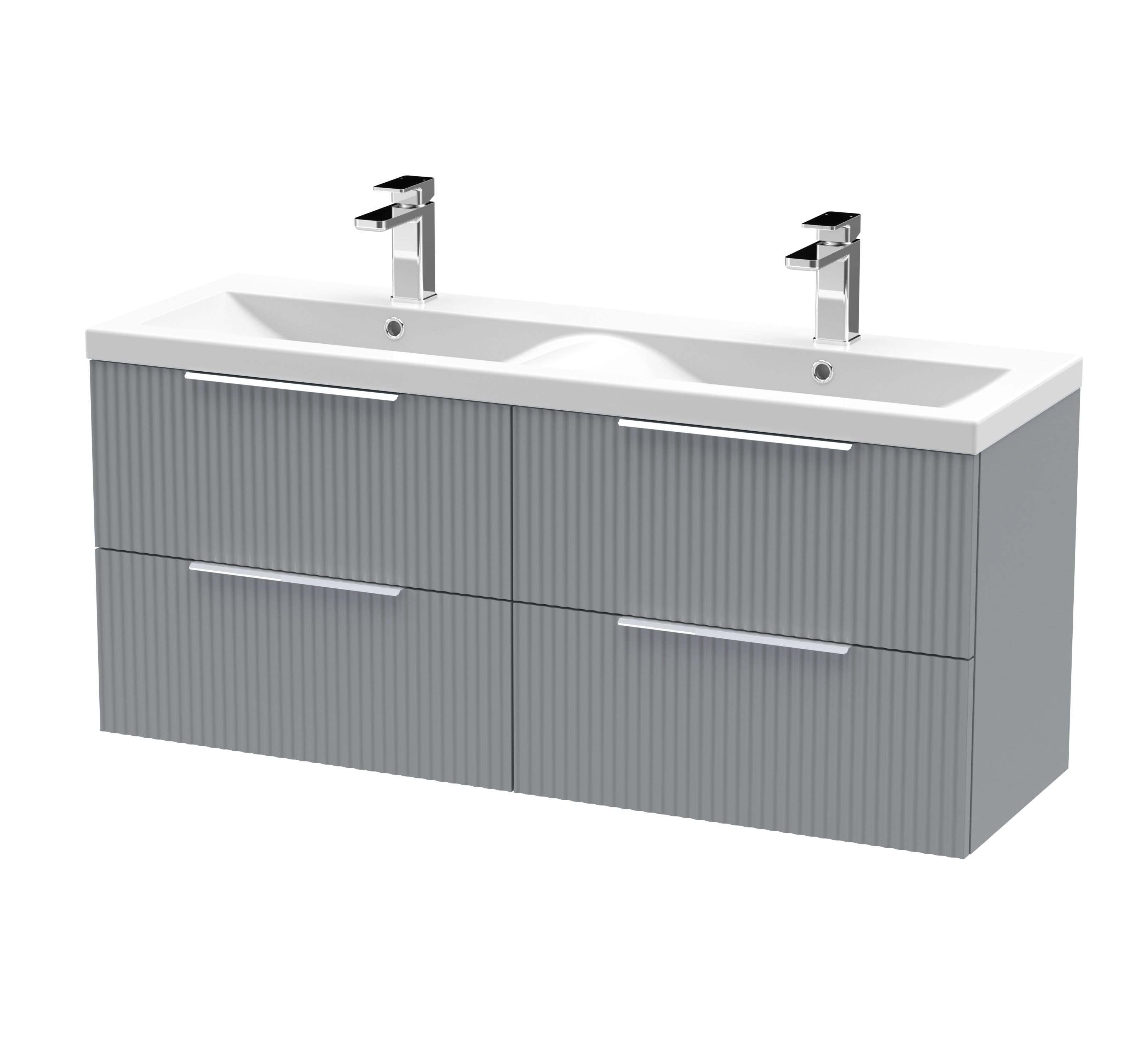 Hudson Reed Fluted Wall Hung 4-Drawer Vanity and Double Ceramic Basin, Stylish Sink Vanity Unit, Satin Grey, 1200mm