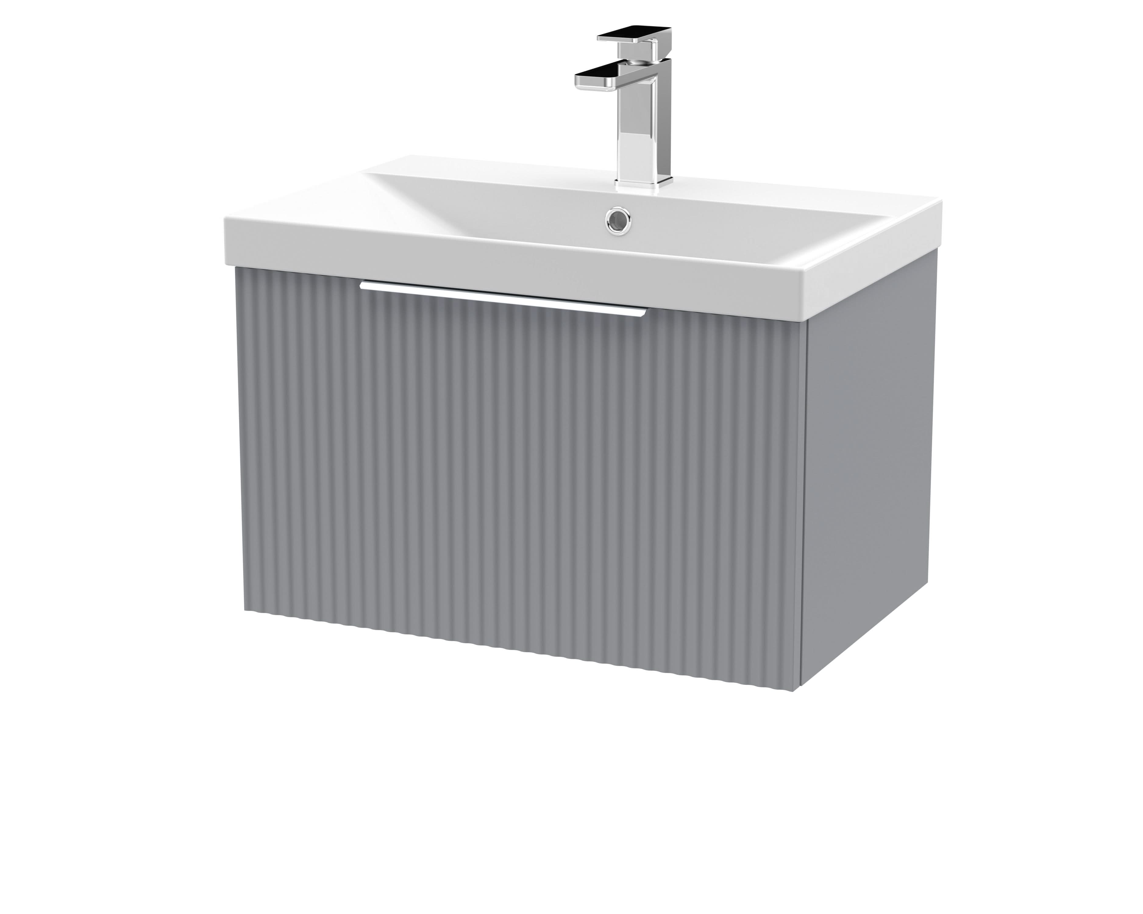 Hudson Reed Fluted Wall Hung 1-Drawer Vanity and Thin-Edge Basin, Contemporary Sink Vanity Unit, Satin Grey, 600mm