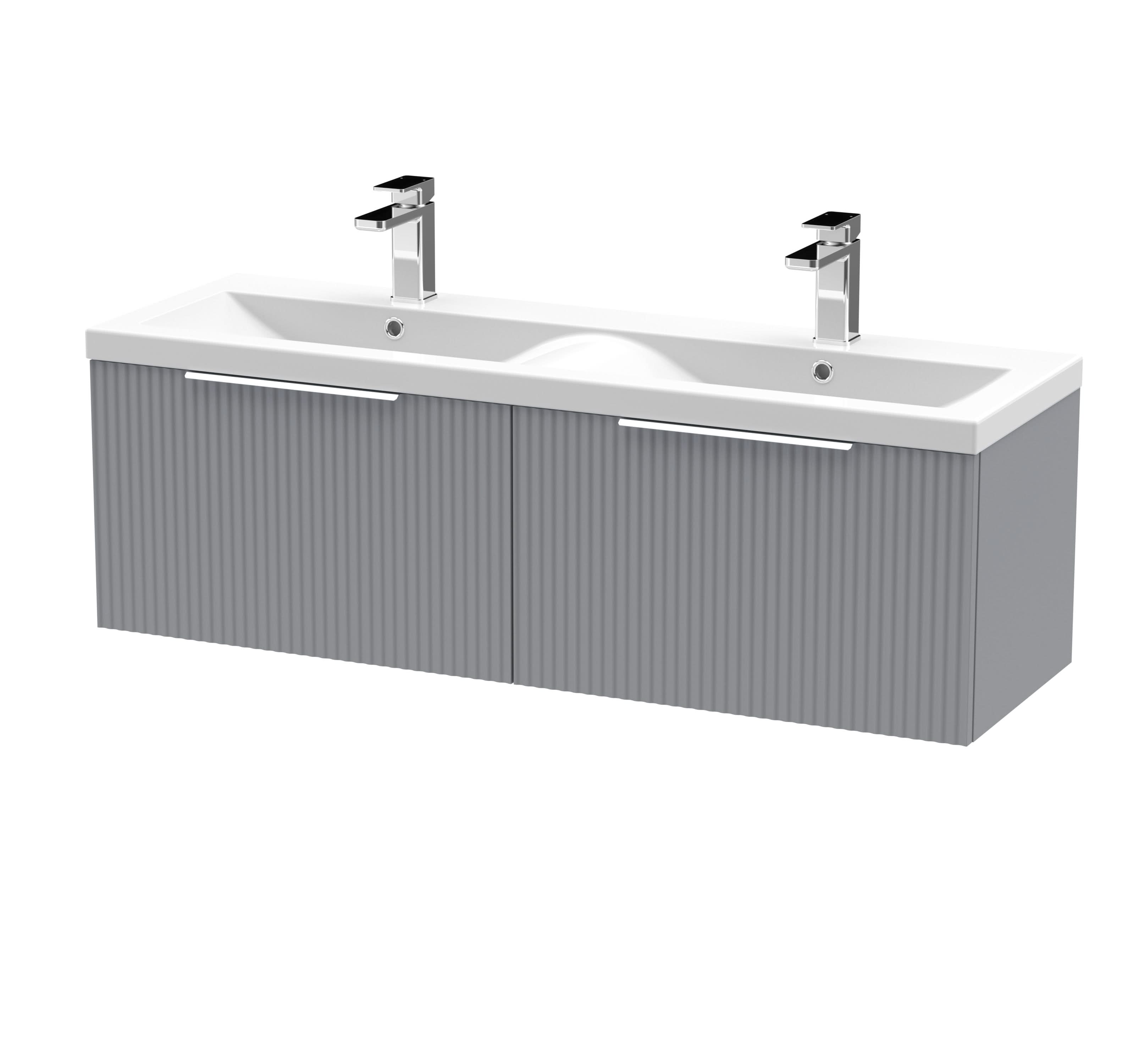 Hudson Reed Fluted Wall Hung 2-Drawer Vanity and Double Ceramic Basin, Stylish Sink Vanity Unit, Satin Grey, 1200mm
