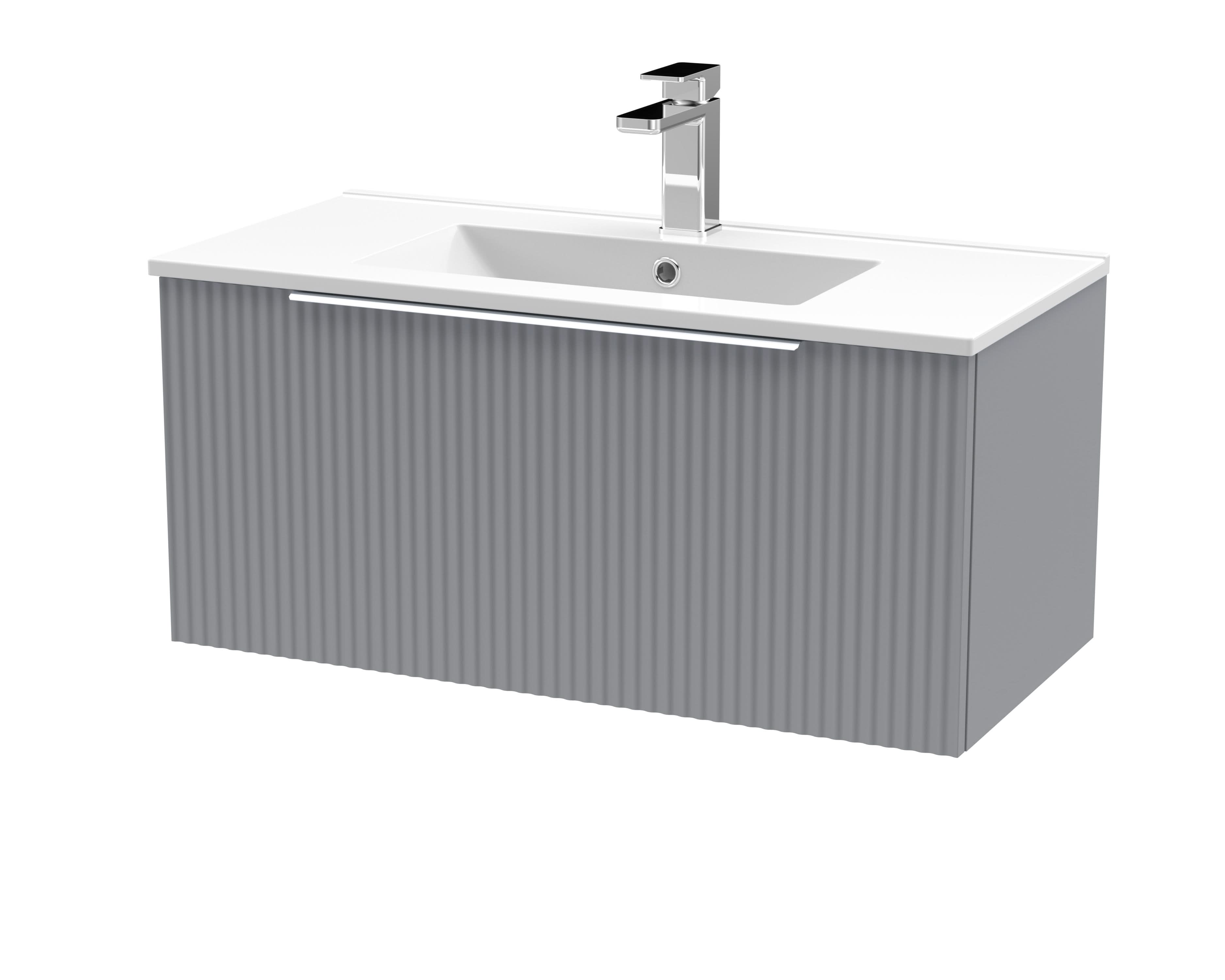 Hudson Reed Fluted Wall Hung 1-Drawer Vanity and Minimalist Basin, Contemporary Sink Vanity Unit, Satin Grey, 800mm