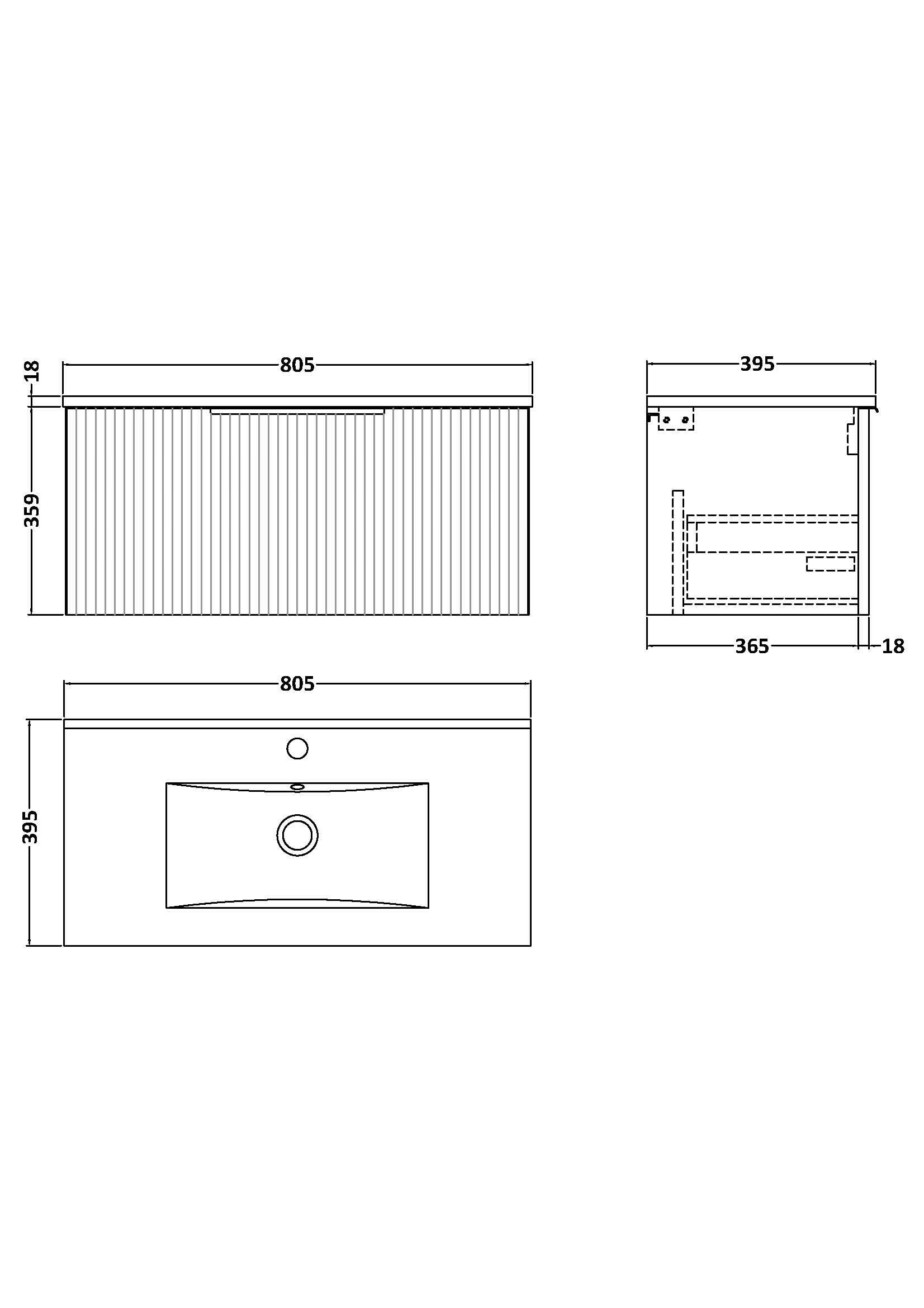 Hudson Reed Fluted Wall Hung 1-Drawer Vanity and Minimalist Basin, Contemporary Sink Vanity Unit, Satin Grey, 800mm
