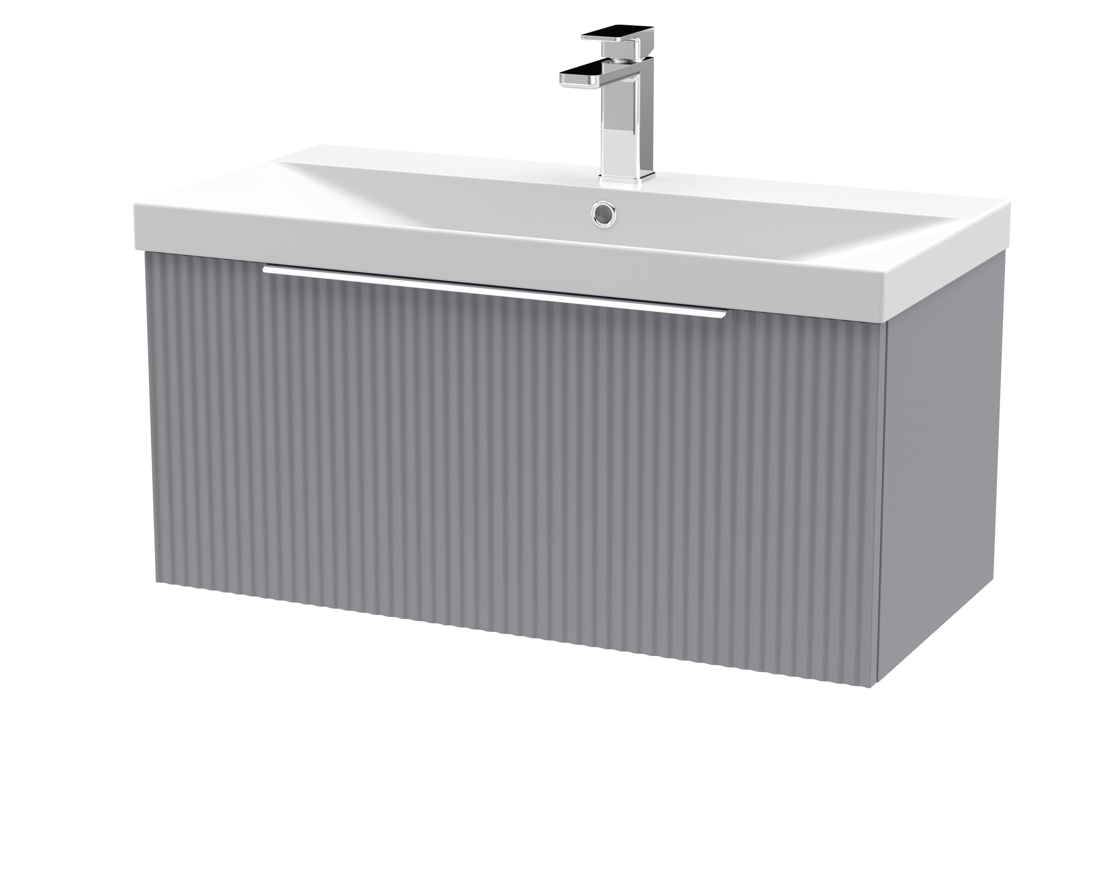 Hudson Reed Fluted Wall Hung 1-Drawer Vanity and Thin-Edge Basin, Contemporary Sink Vanity Unit, Satin Grey, 800mm