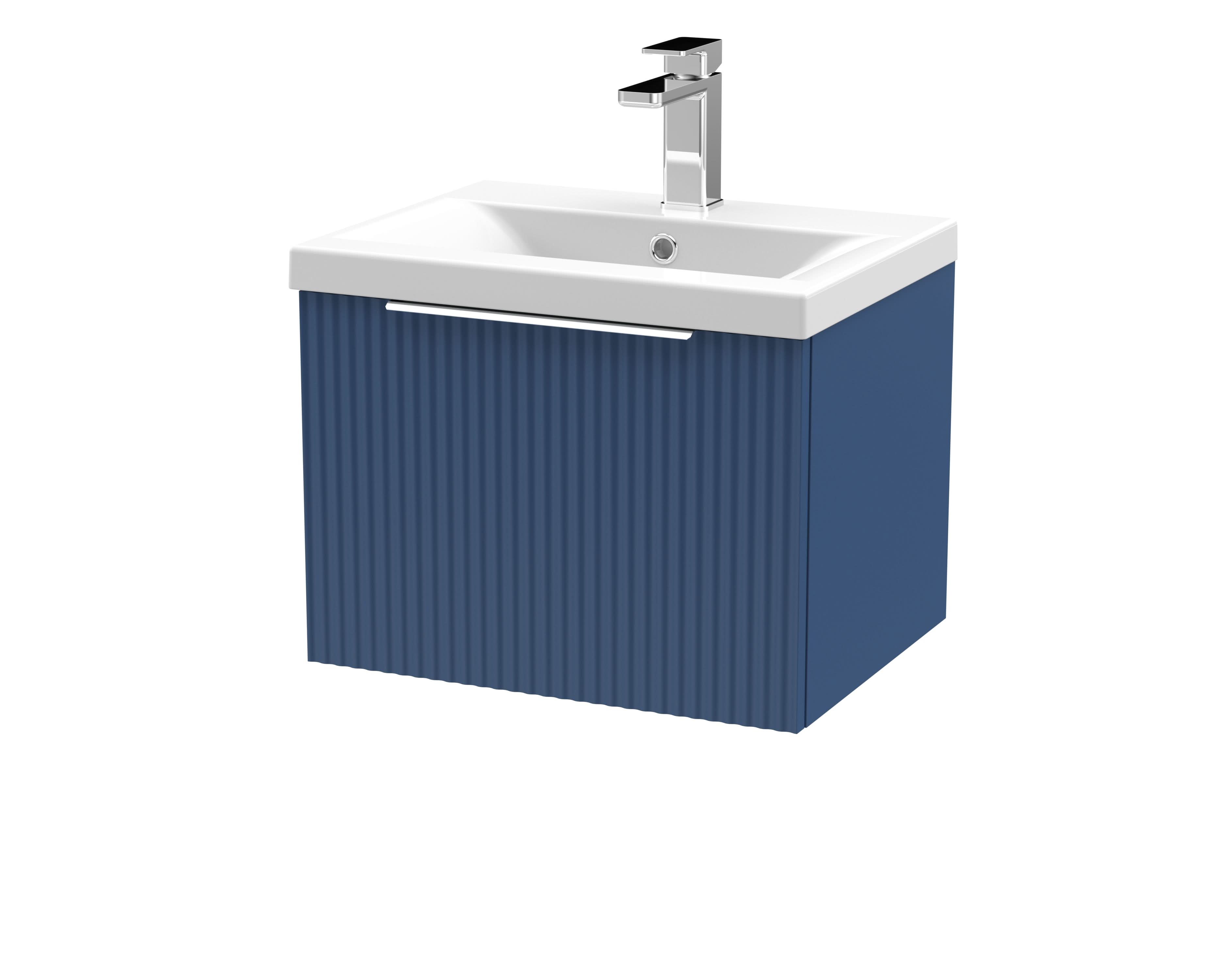 Hudson Reed Fluted Wall Hung 1-Drawer Vanity and Mid-Edge Basin, Contemporary Sink Vanity Unit, Satin Blue, 500mm