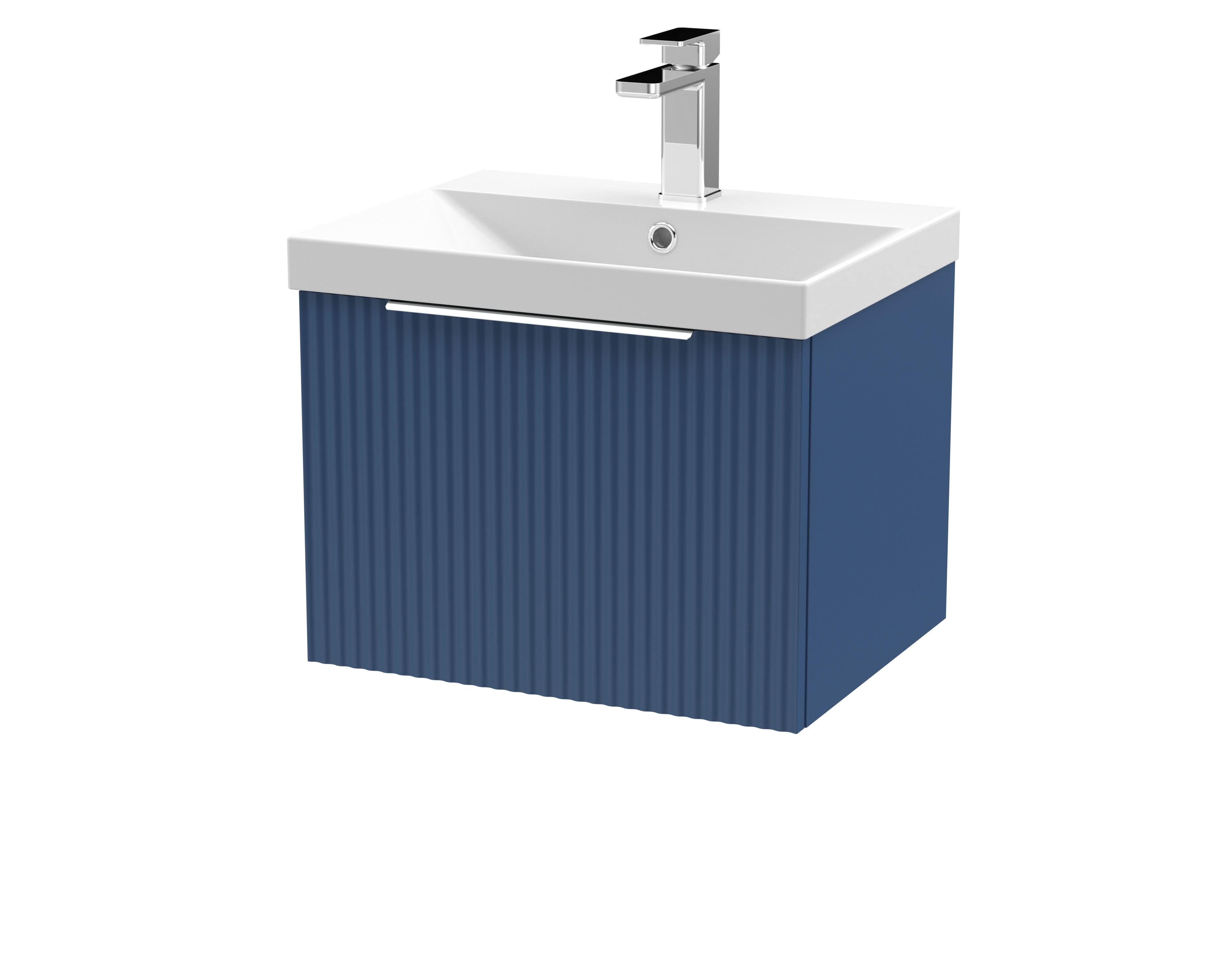 Hudson Reed Fluted Wall Hung 1-Drawer Vanity and Thin-Edge Basin, Contemporary Sink Vanity Unit, Satin Blue, 500mm