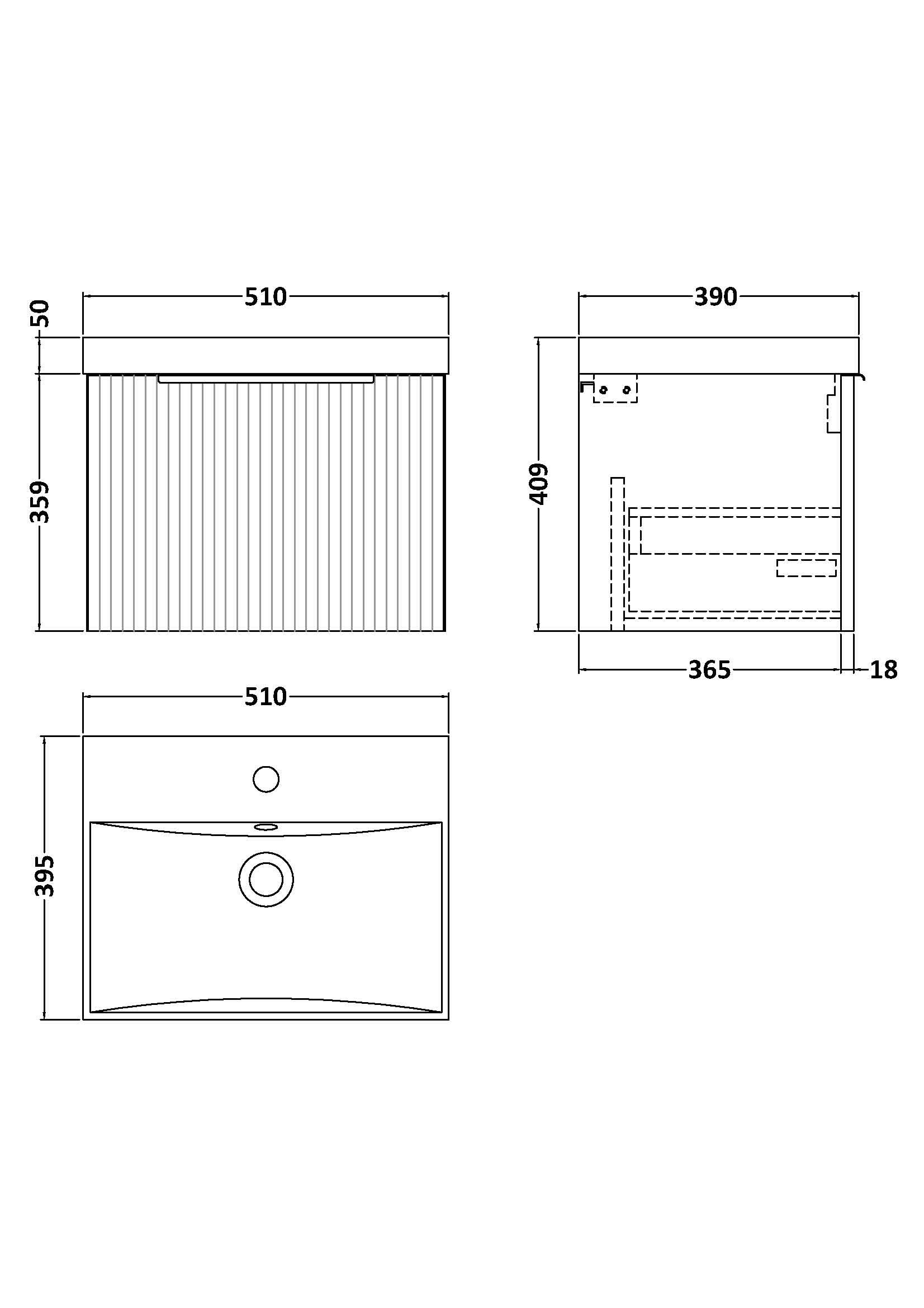 Hudson Reed Fluted Wall Hung 1-Drawer Vanity and Thin-Edge Basin, Contemporary Sink Vanity Unit, Satin Blue, 500mm