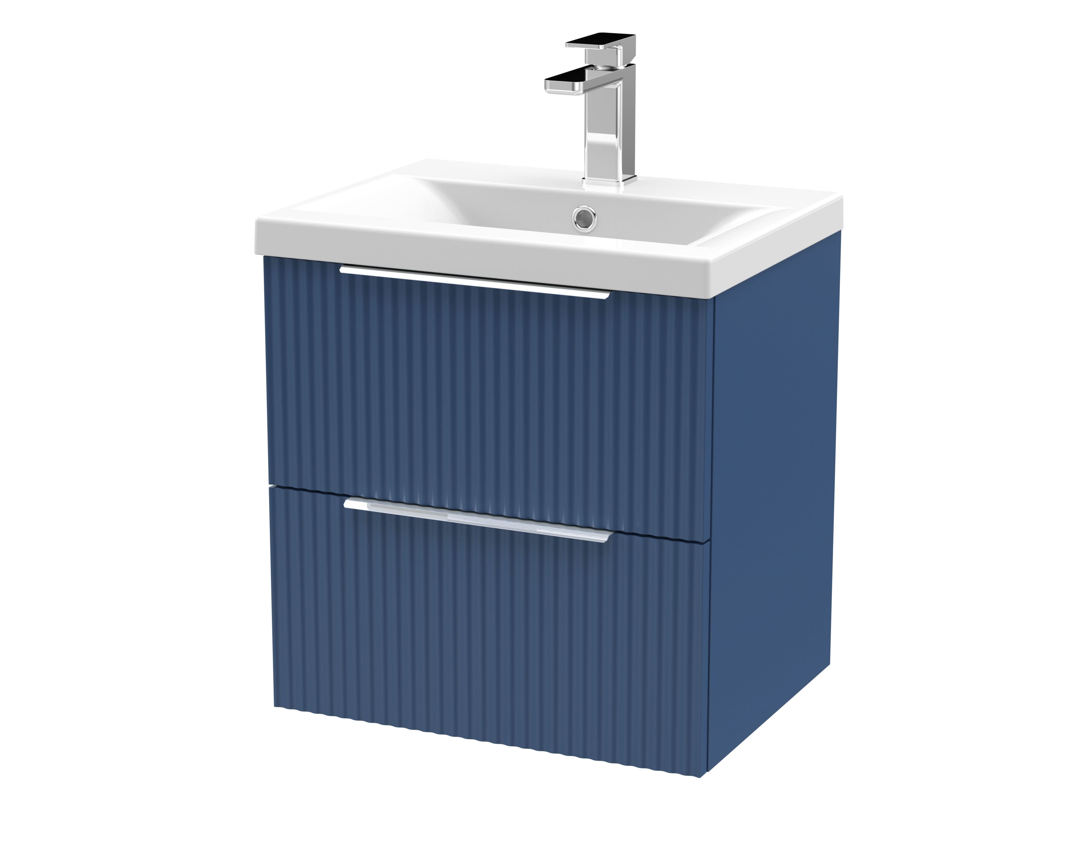 Hudson Reed Fluted Wall Hung 2-Drawer Vanity and Mid-Edge Basin, Contemporary Sink Vanity Unit, Satin Blue, 500mm