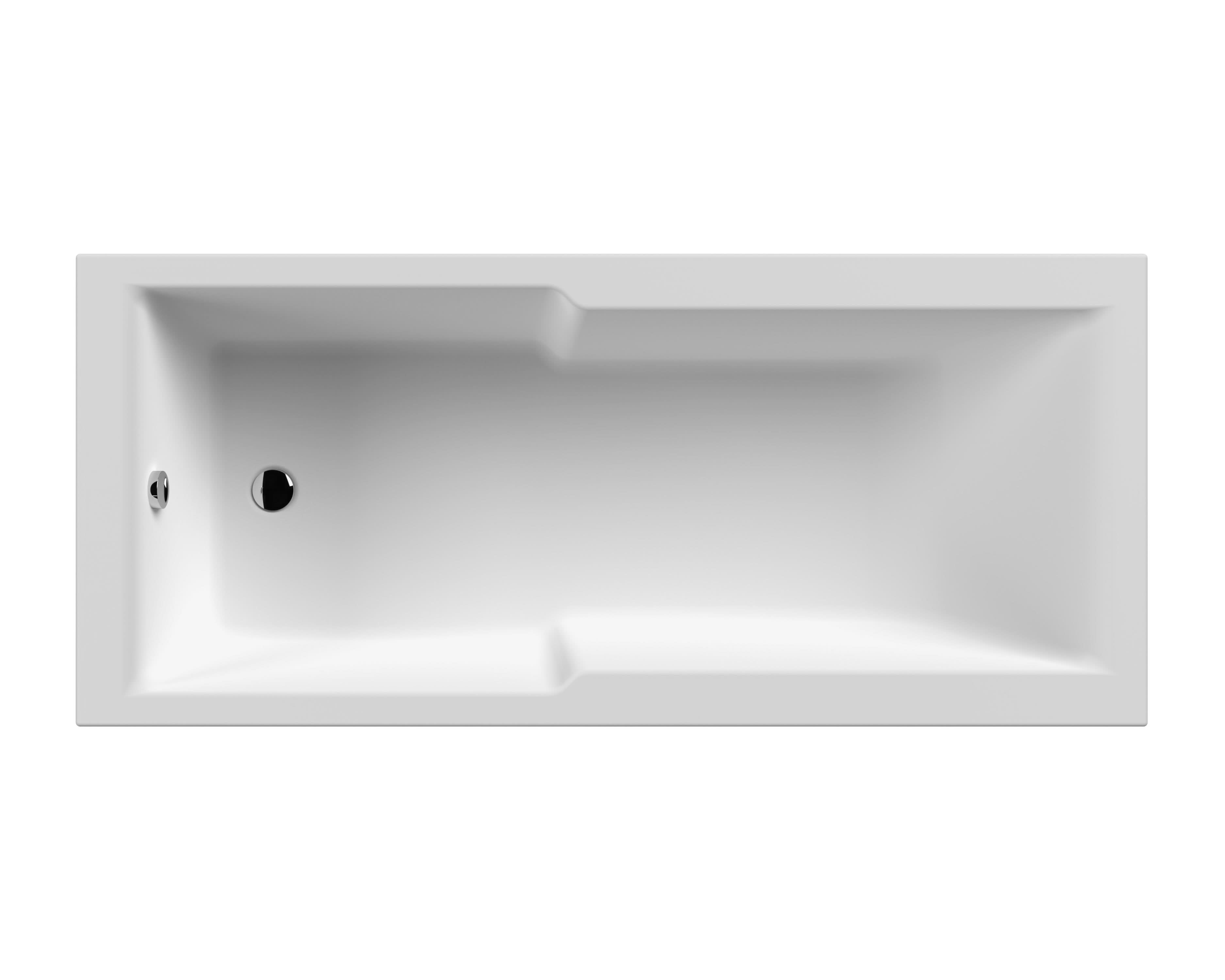 Top-down view of the Nuie Straight Single Ended Shower Bath (1700mm x 750mm, White) featuring a smooth acrylic surface, flat rim, and drain with overflow at one end. Clean lines and slightly angled sides create a modern, minimalist look. Brand: Nuie.