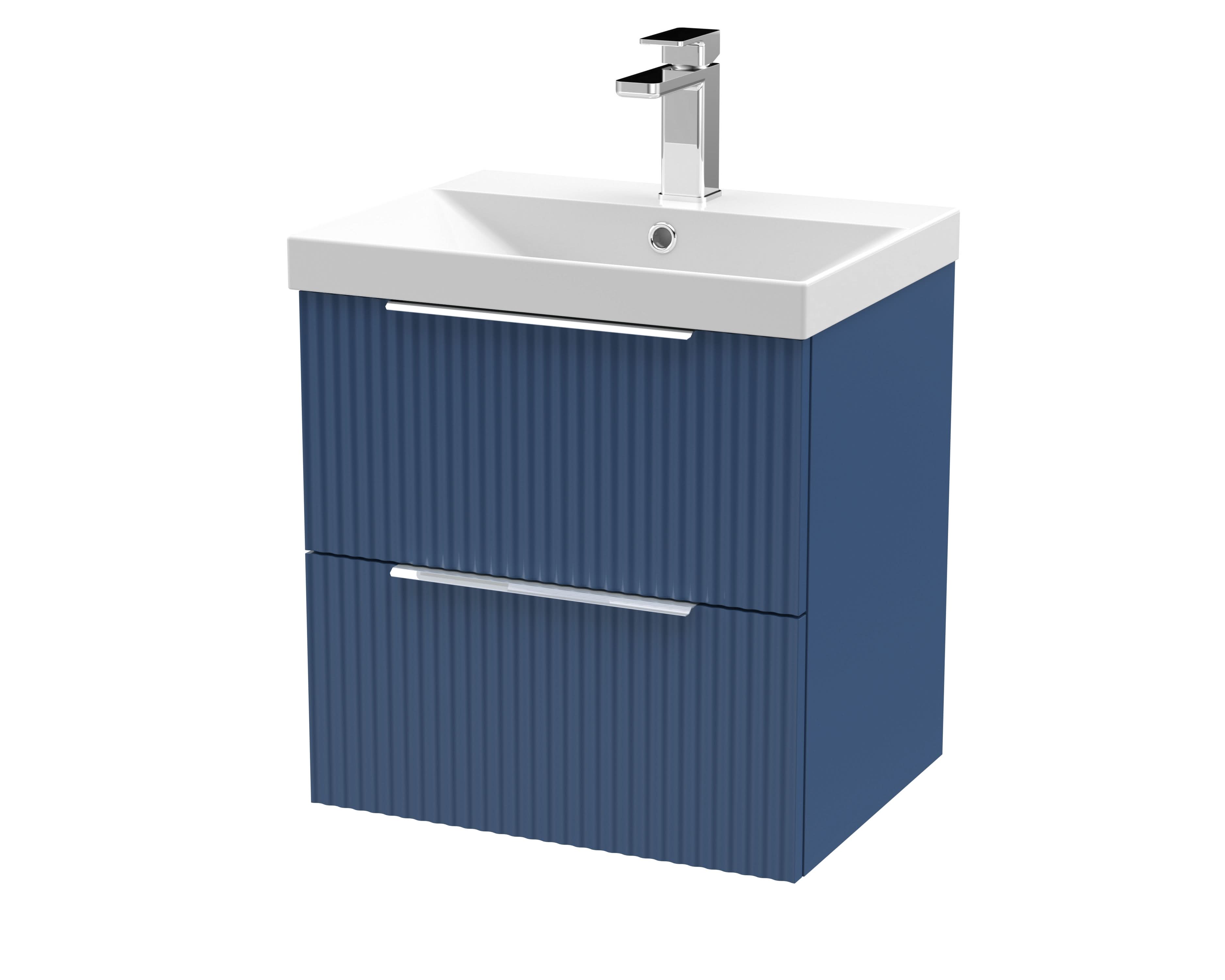 Hudson Reed Fluted Wall Hung 2-Drawer Vanity and Thin-Edge Basin, Contemporary Sink Vanity Unit, Satin Blue, 500mm