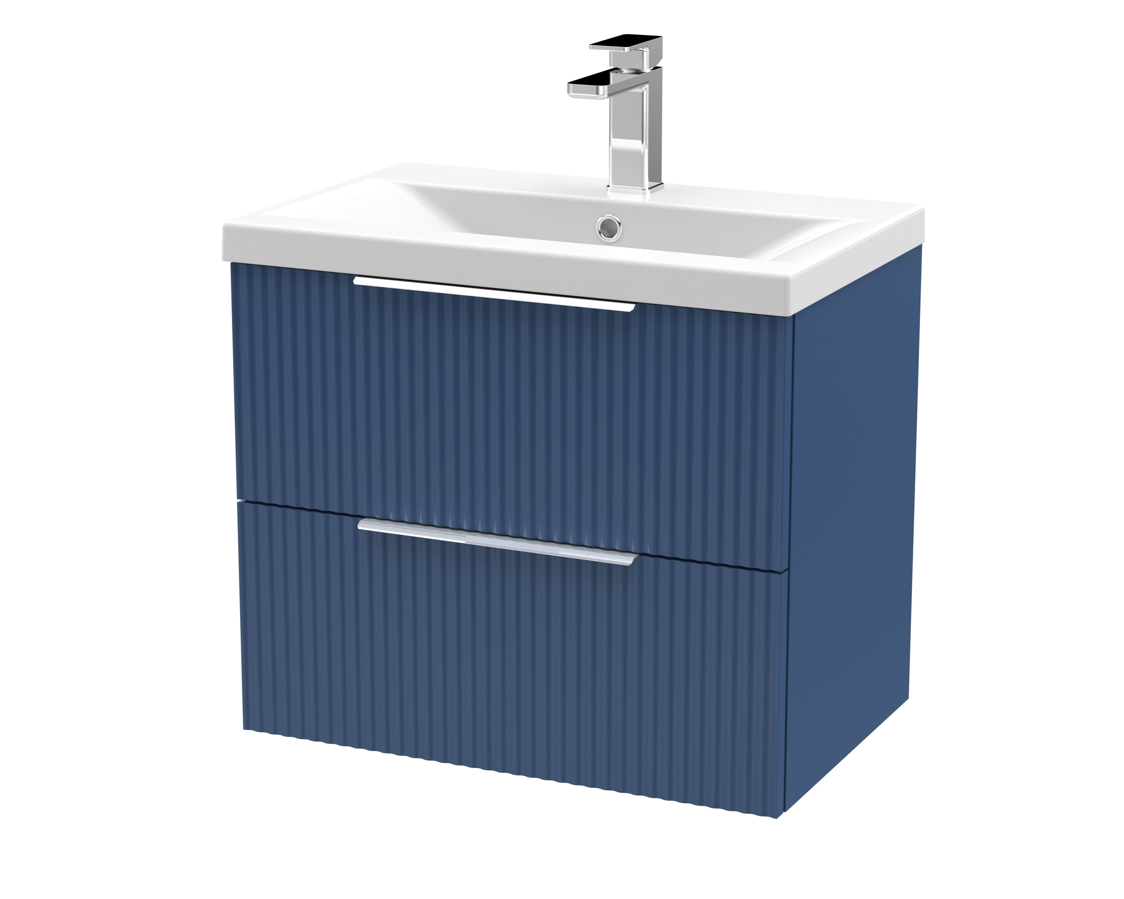 Hudson Reed Fluted Wall Hung 2-Drawer Vanity and Mid-Edge Basin, Contemporary Sink Vanity Unit, Satin Blue, 600mm