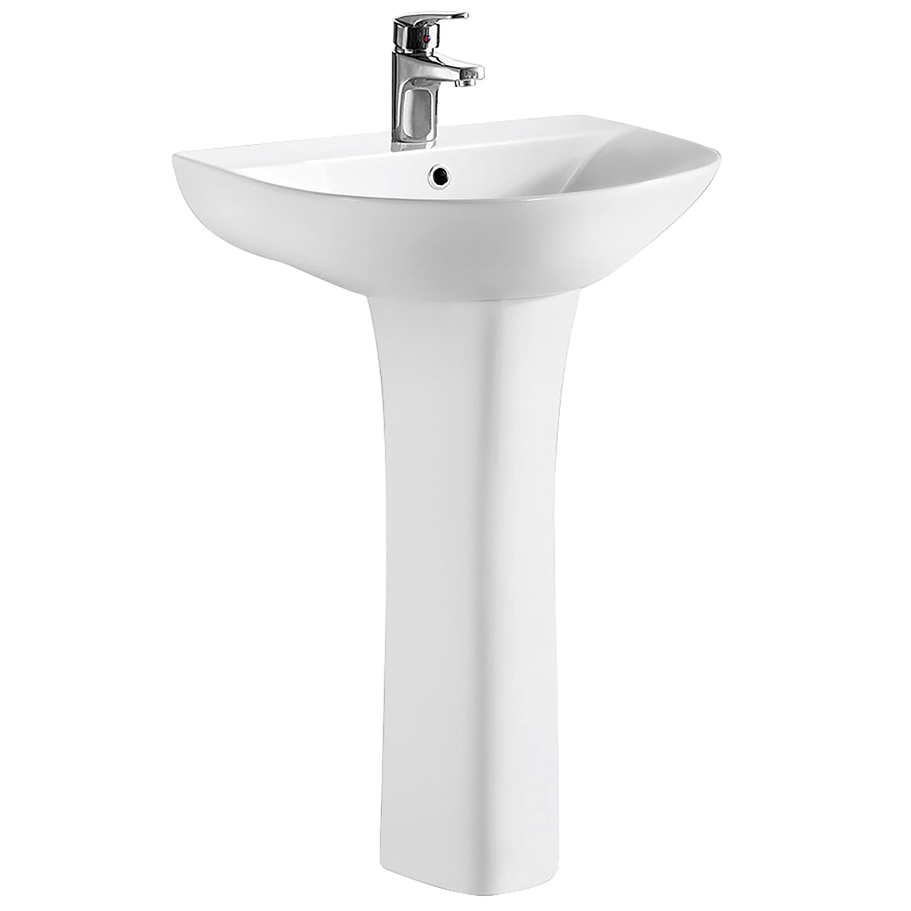 The Nuie Freya 520mm Basin with Full Pedestal, in white, features a single tap hole and is shown with a chrome faucet against a plain white background.