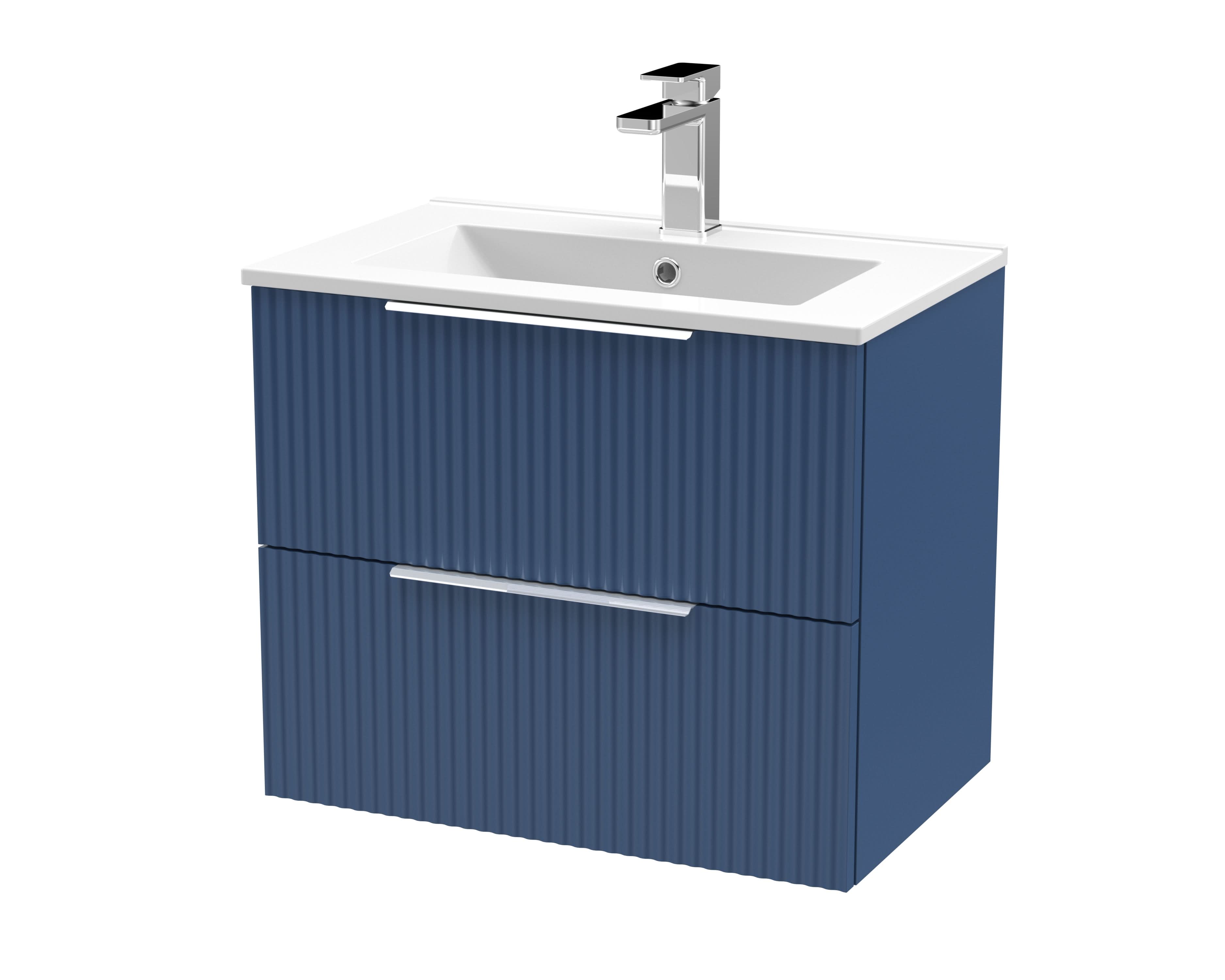 Hudson Reed Fluted Wall Hung 2-Drawer Vanity and Minimalist Basin, Contemporary Sink Vanity Unit, Satin Blue, 600mm