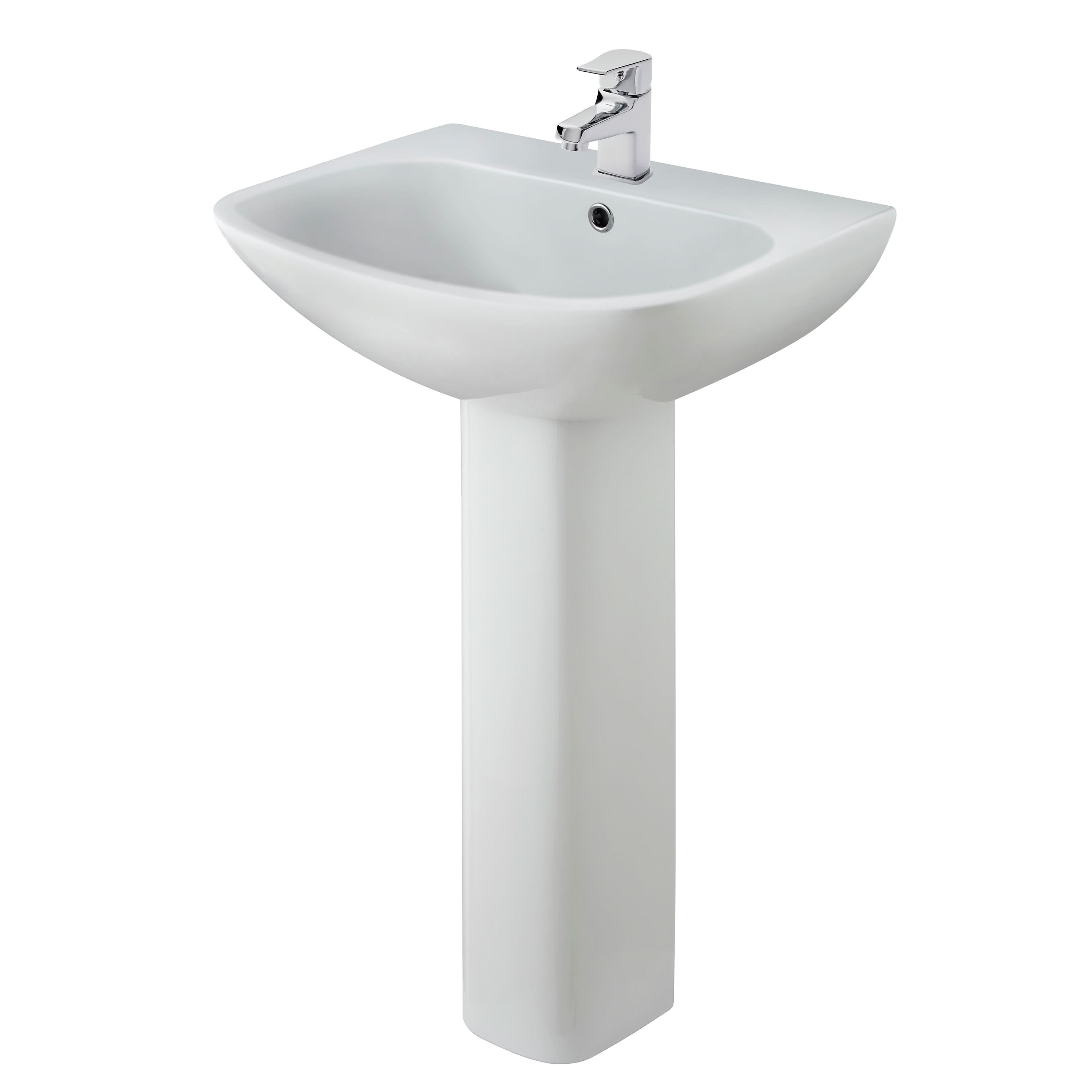 The Nuie Ava 545mm Basin With Full Pedestal in white, featuring one tap hole and a modern rectangular design, is shown isolated on a white background.