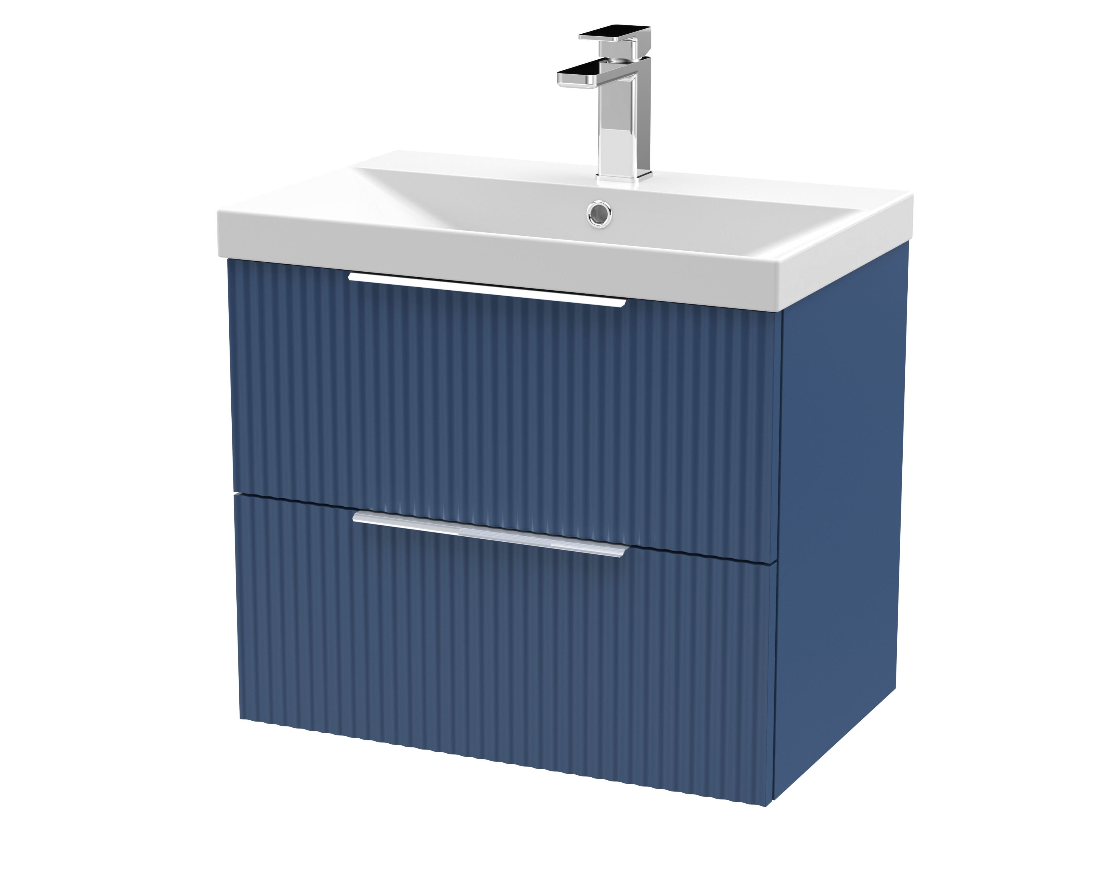 Hudson Reed Fluted Wall Hung 2-Drawer Vanity and Thin-Edge Basin, Contemporary Sink Vanity Unit, Satin Blue, 600mm
